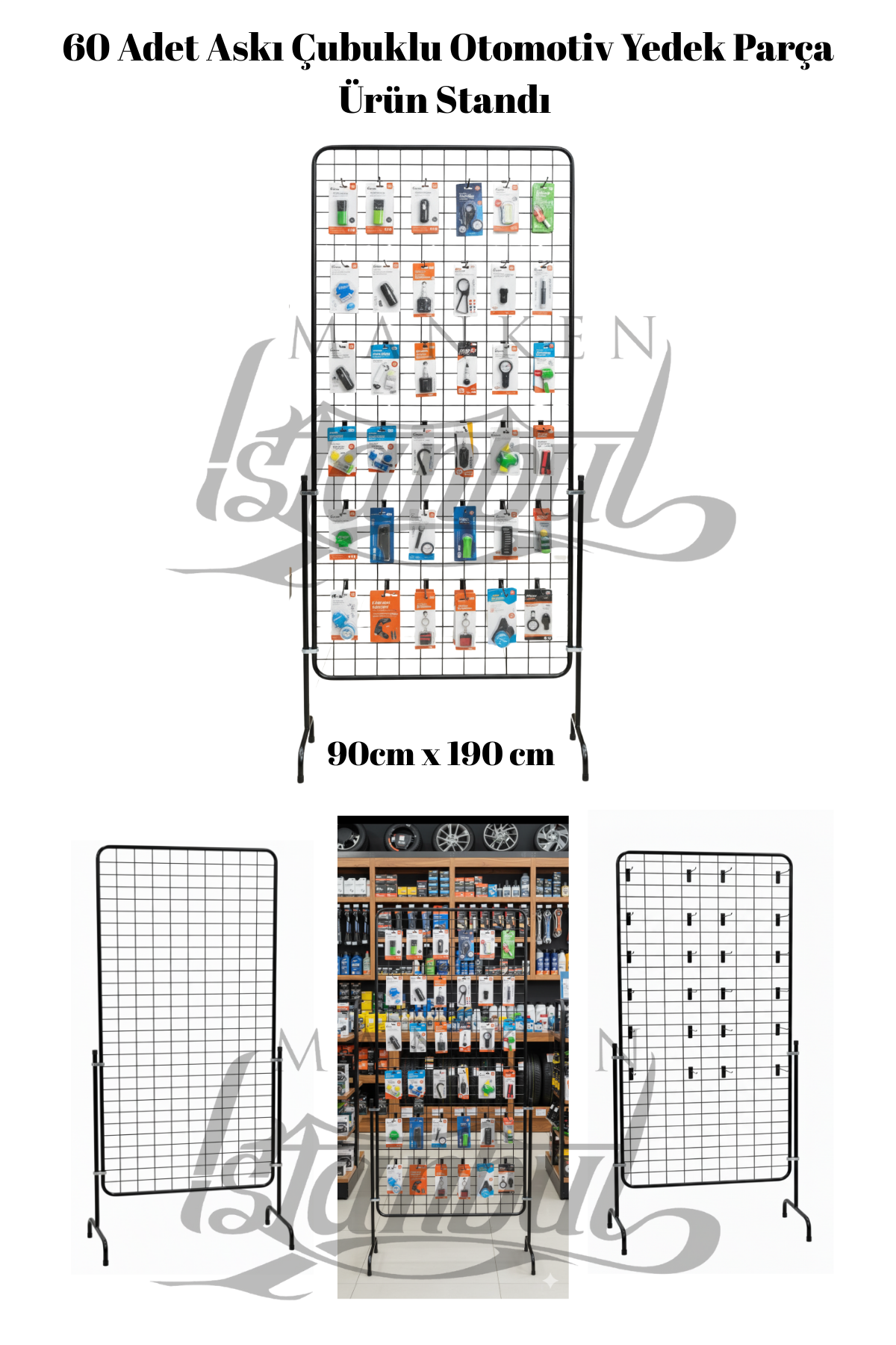 60 Adet Askı Çubuklu Otomotiv Aksesuar Ürün Standı - 90 x 190 Cm Tel Pano Standı