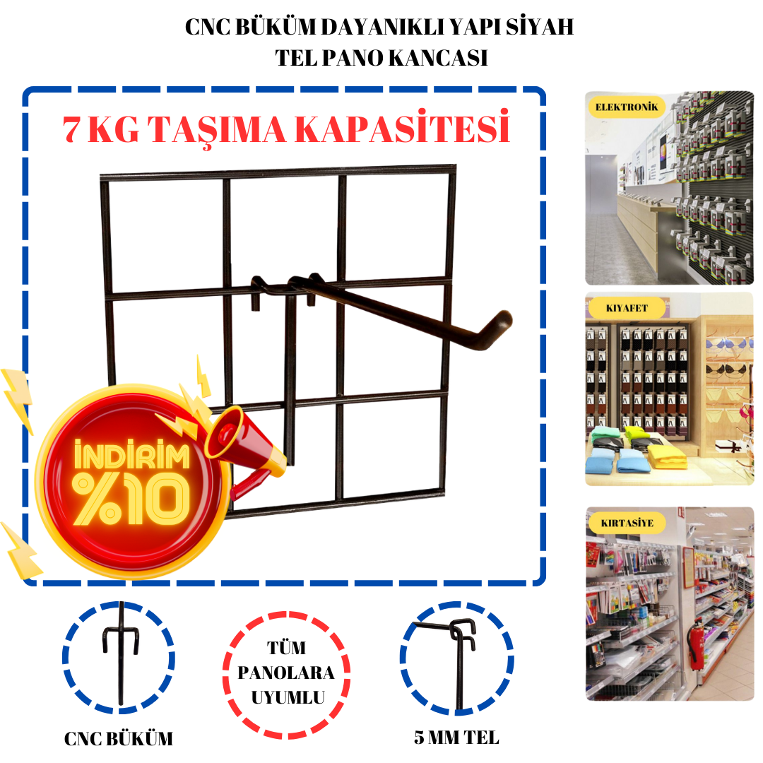 7 Kg Taşıma Kapasitesi CNC Büküm Siyah Tel Pano Kancası