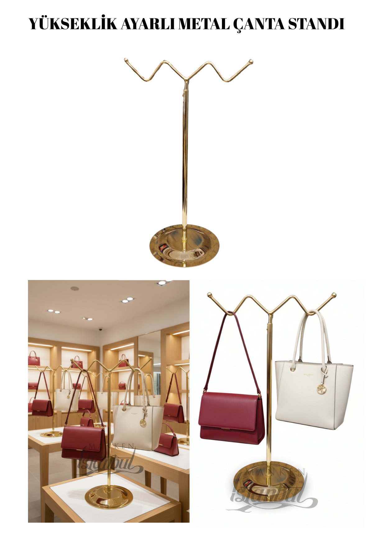 Ayarlanabilir Gold Kaplama Çanta Standı - Elegan Çanta Teşhir Askısı