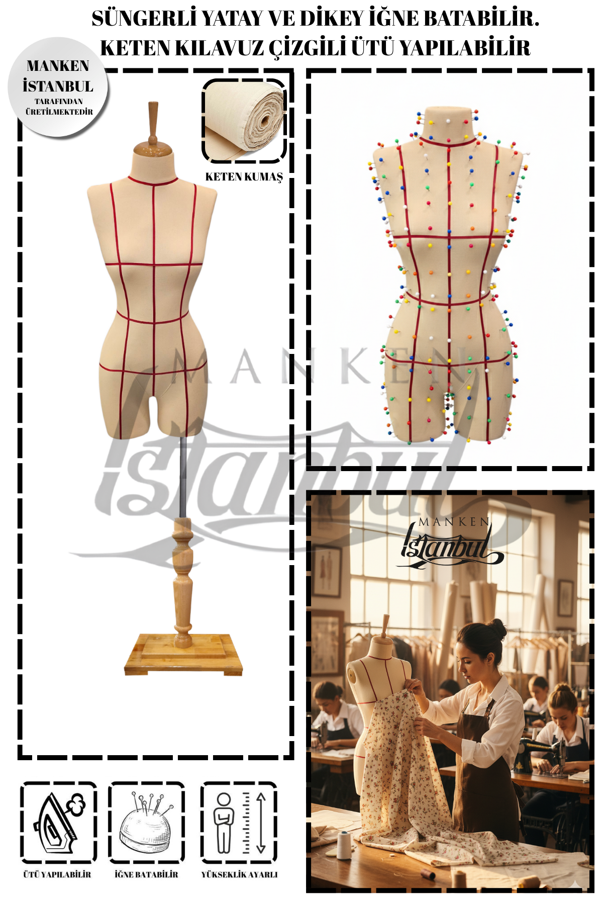Kılavuz Çizgili Keten Kumaş İğne Batabilen Terzi Mankeni Prova Mankeni