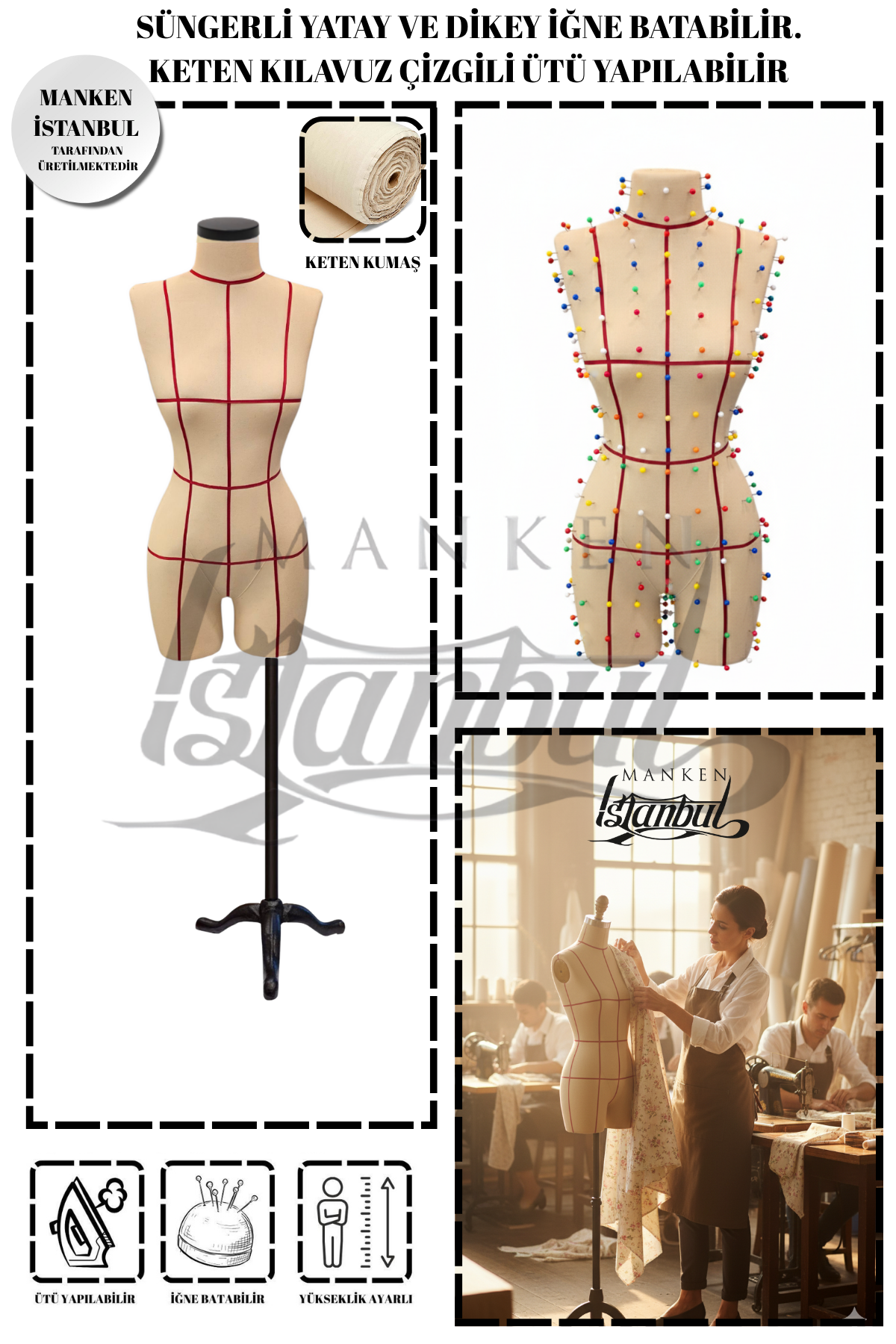 Kılavuz Çizgili Keten Kumaş İğne Batabilen Terzi Mankeni Prova Mankeni