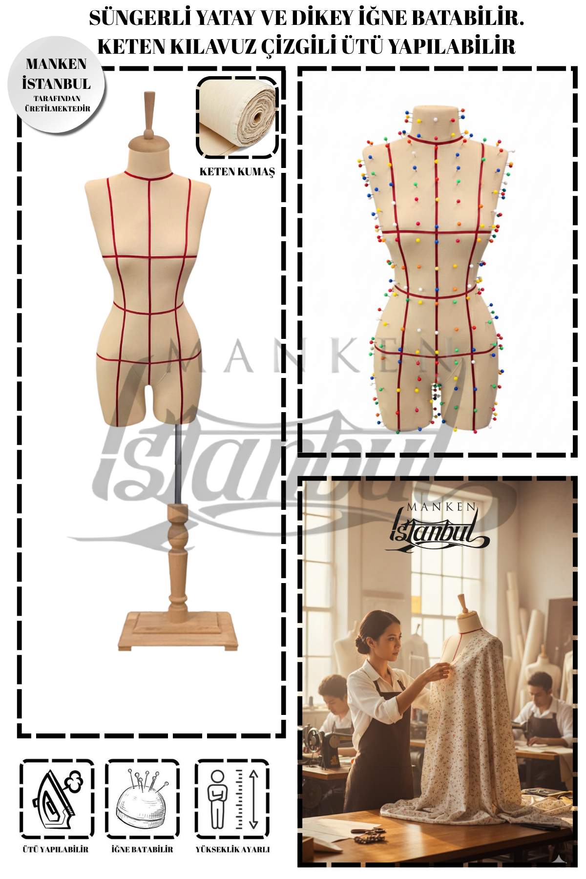 Kılavuz Çizgili Keten Kumaş İğne Batabilen Terzi Mankeni Prova Mankeni