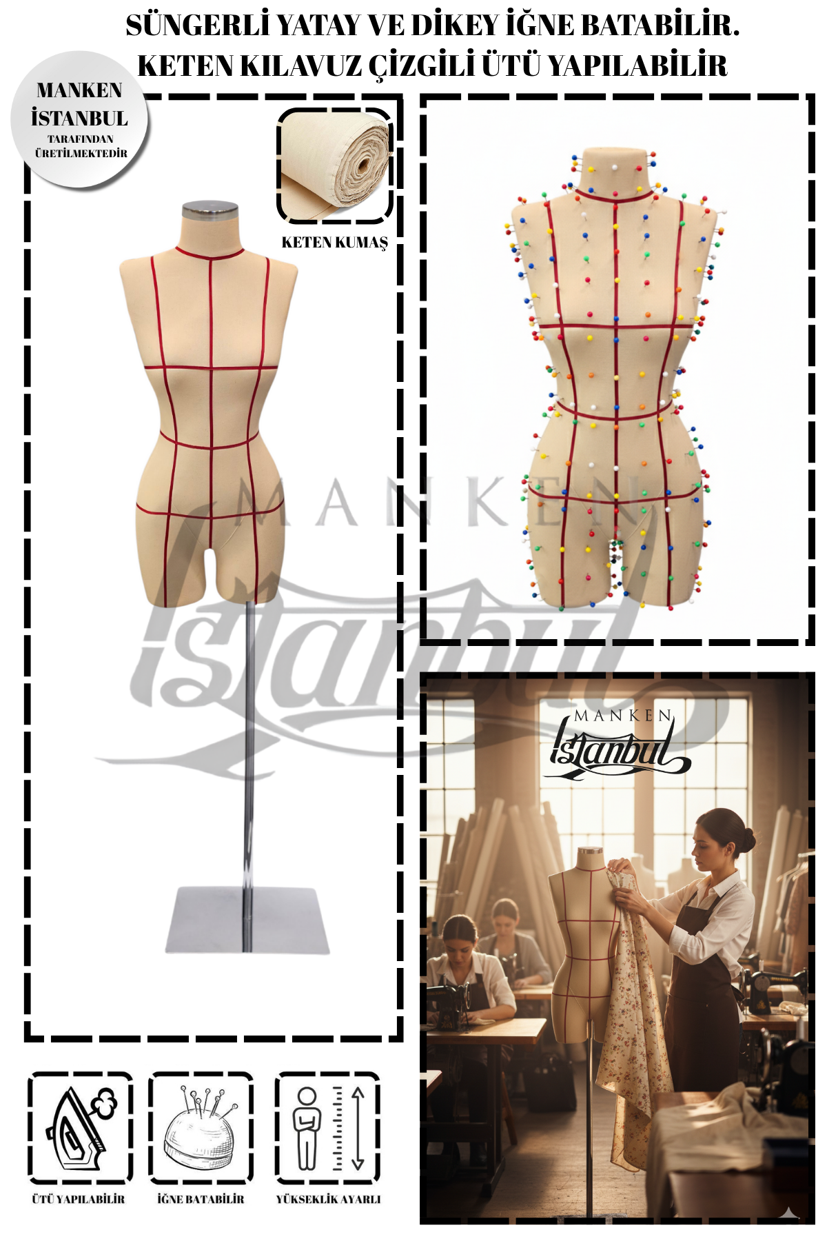 Kılavuz Çizgili Keten Kumaş İğne Batabilen Terzi Mankeni Prova Mankeni