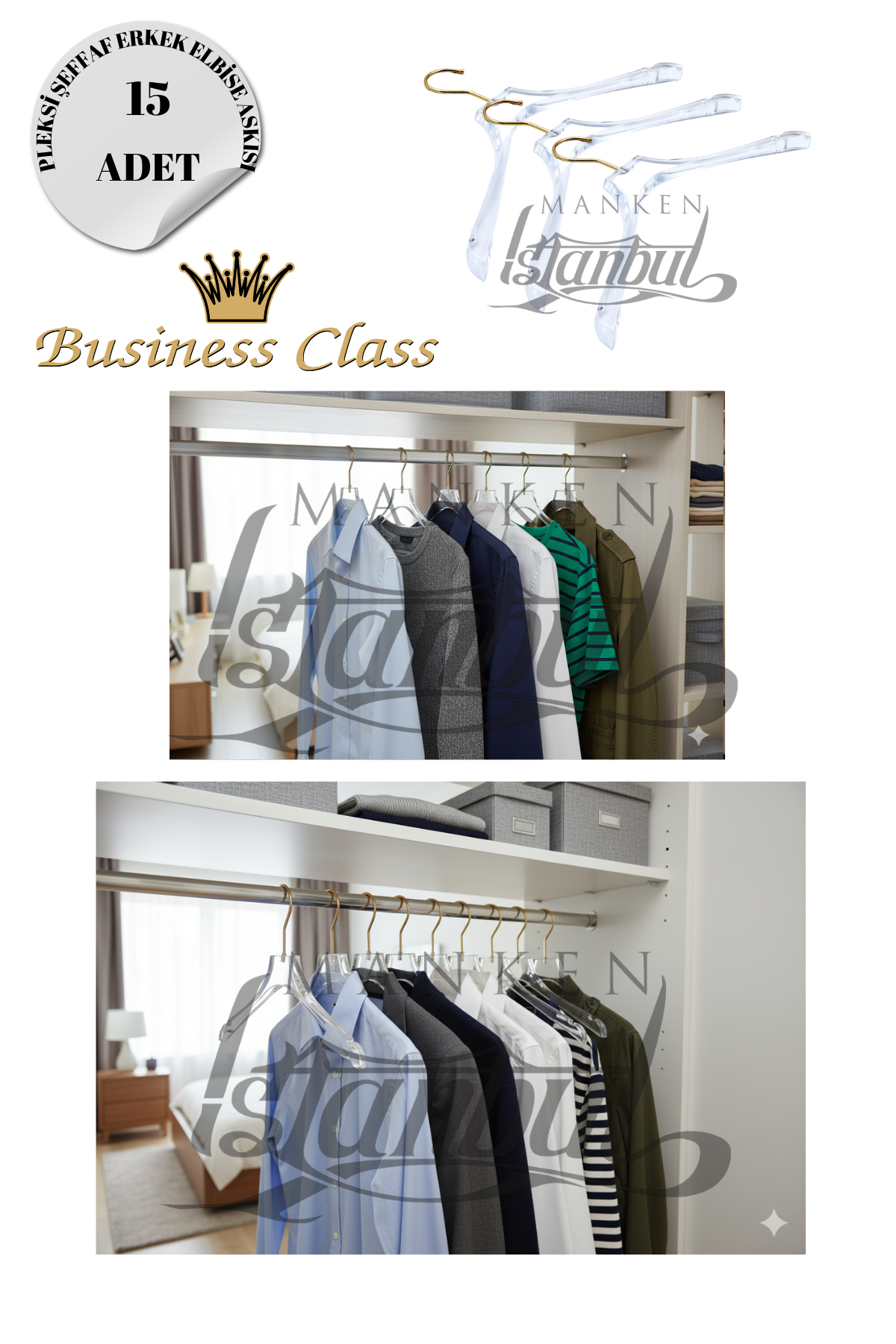 44 Cm Pleksi Şeffaf Gold Kanca Erkek Takım Palto Ceket Askısı 15 ADET