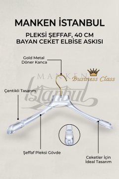 10 Adet - 40 Cm Pleksi Şeffaf Gold Kanca Bayan Takım Palto Ceket Askısı