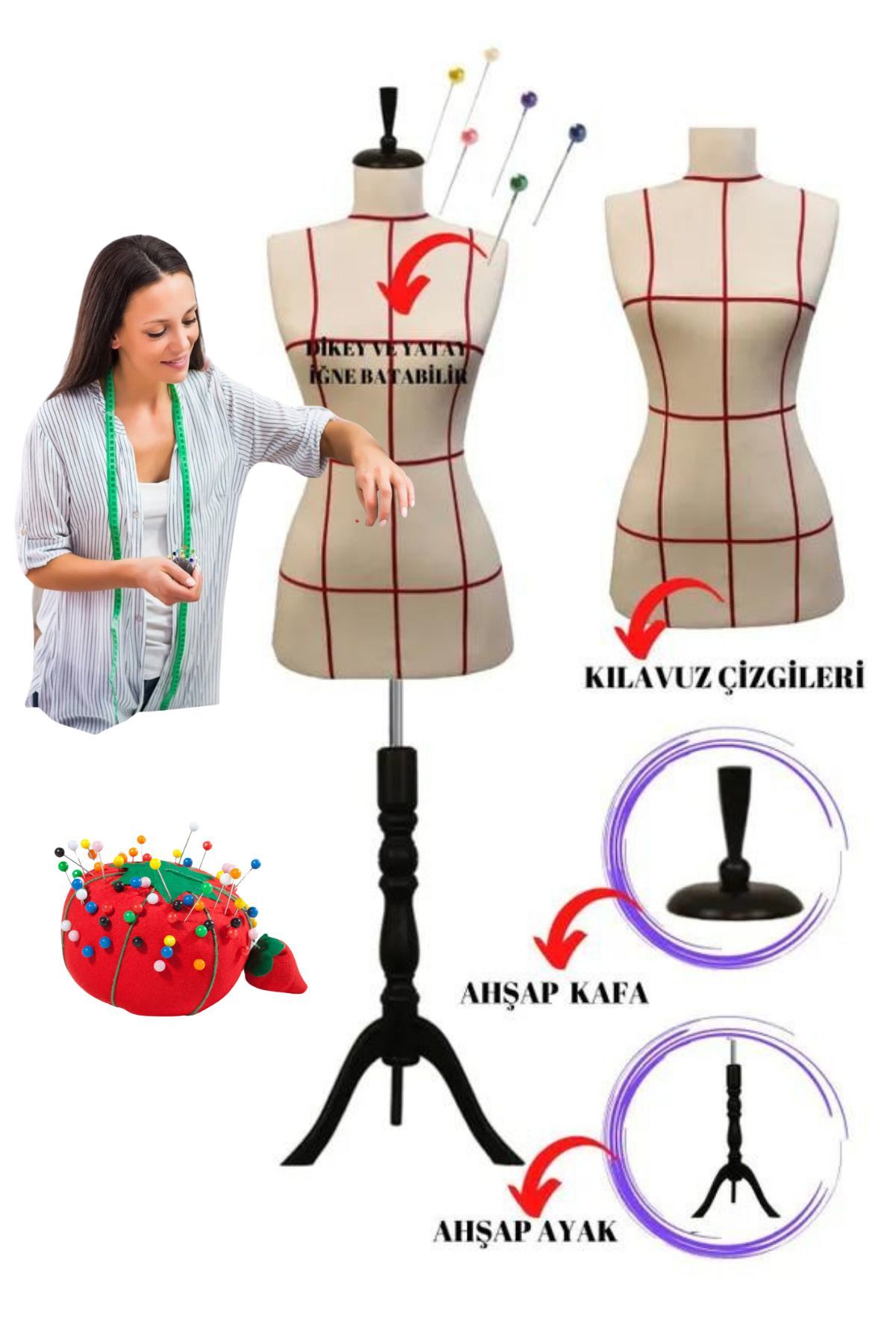 Kılavuz Çizgili 36-38-40 Beden İğne Batabilen Terzi Mankeni Prova Mankeni