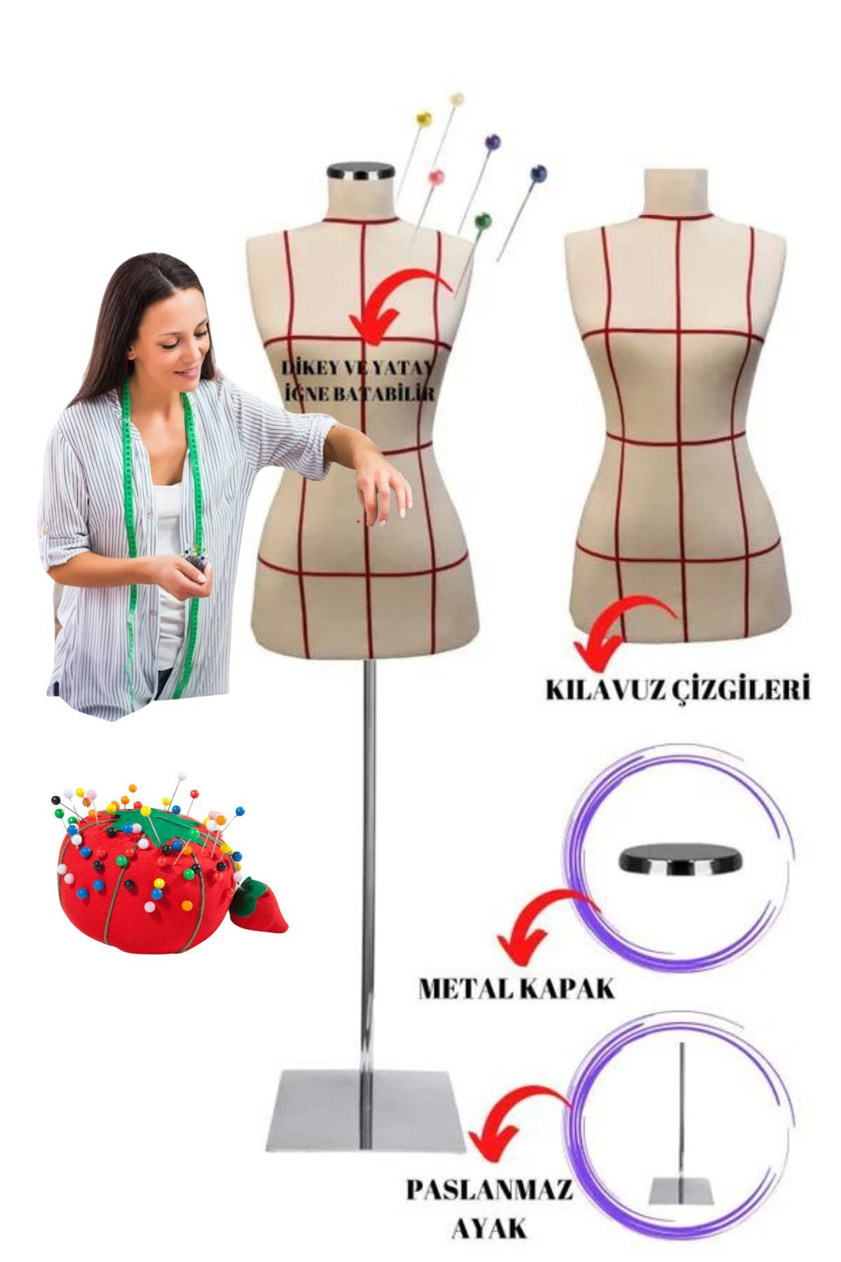 Kılavuz Çizgili İğne Batabilen Terzi Mankeni Prova Mankeni 36-38-40 Beden