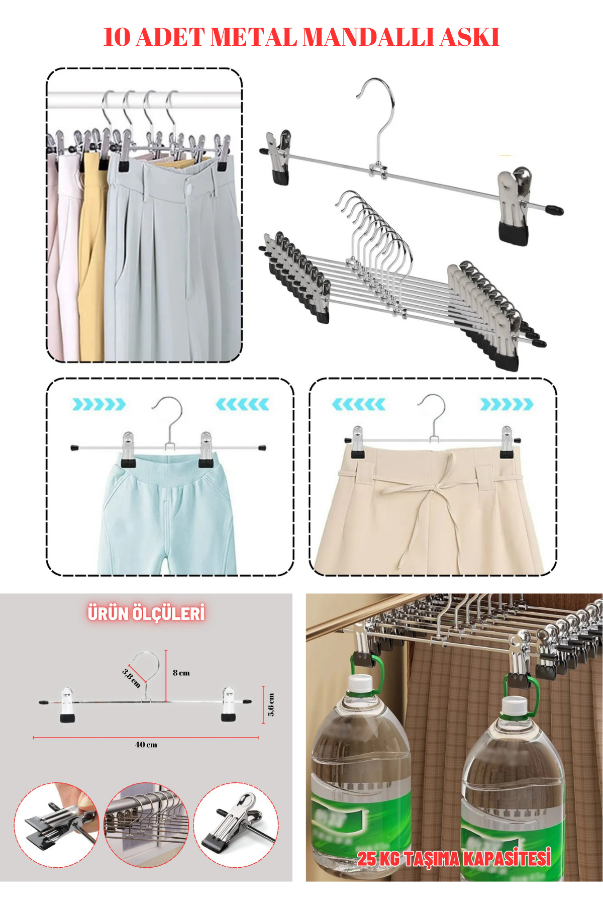 10 Adet Metal Mandallı Krom Pantolon Askısı Etek Askısı
