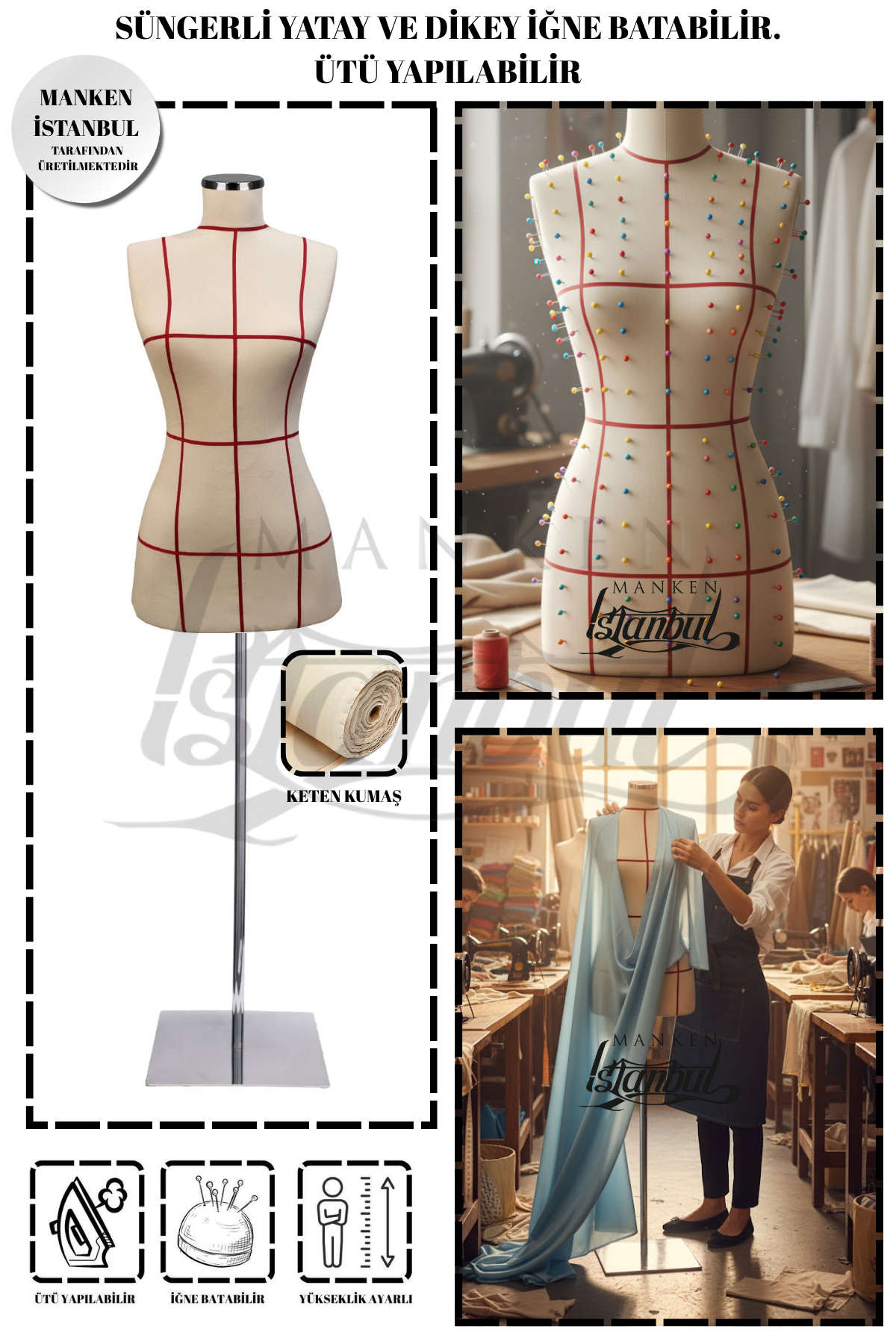 Kılavuz Çizgili İğne Batabilen Terzi Mankeni Prova Mankeni 36-38-40 Beden