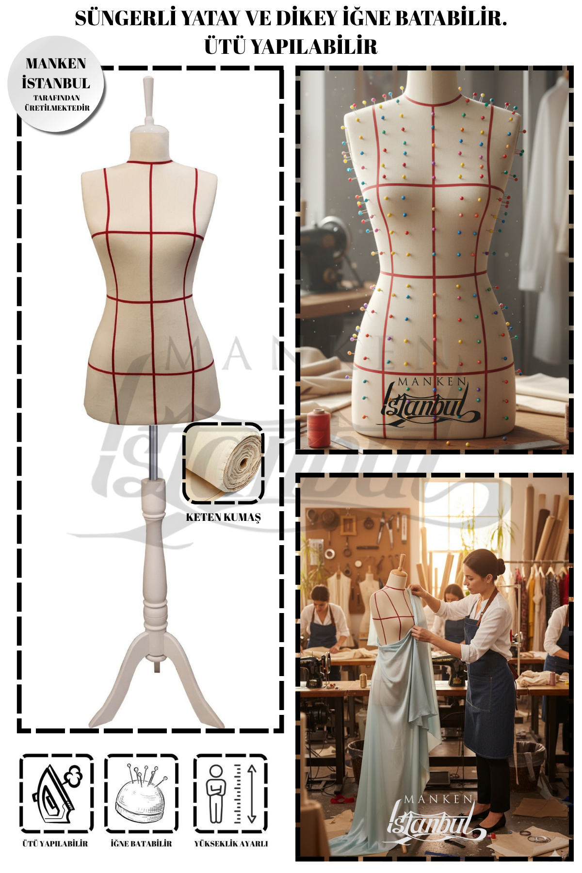 Kılavuz Çizgili İğne Batabilen Terzi Mankeni Prova Mankeni 36-38-40 Beden