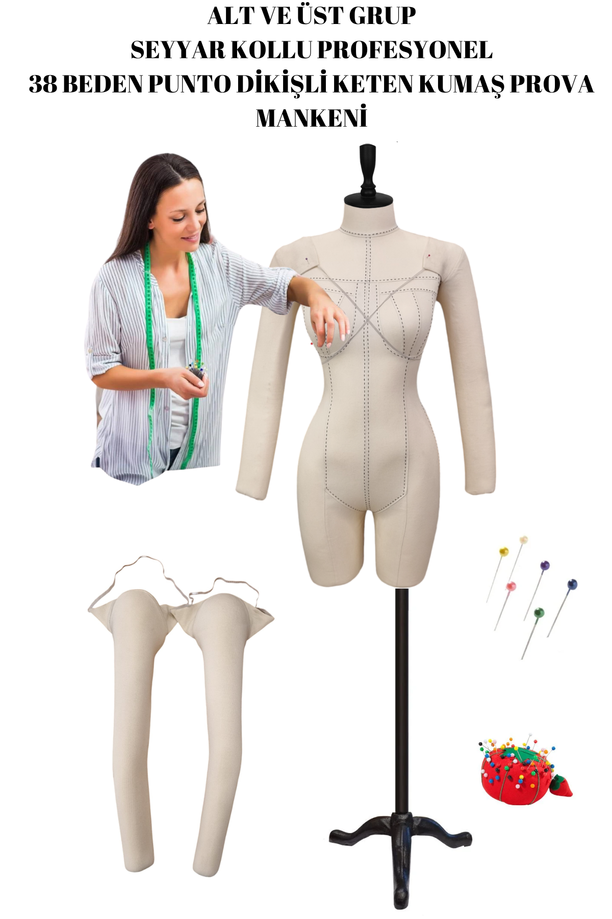 Seyyar Kollu  38/40 Beden Profesyonel İğne Batabilen Terzi Mankeni