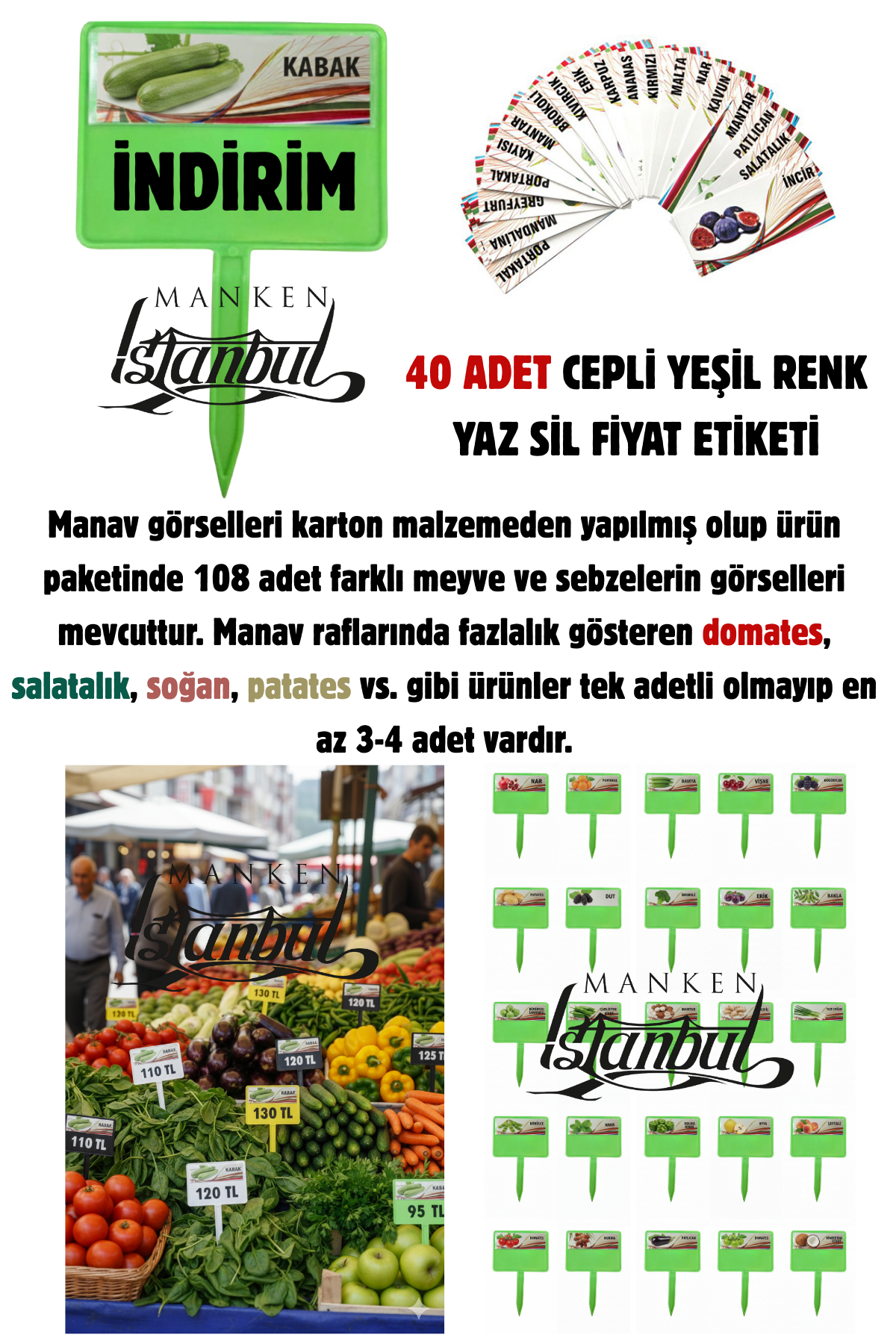 10 Adet Manav Etiketi Market Etiketi 108 Adet Karton Etiket YEŞİL - 40 adet