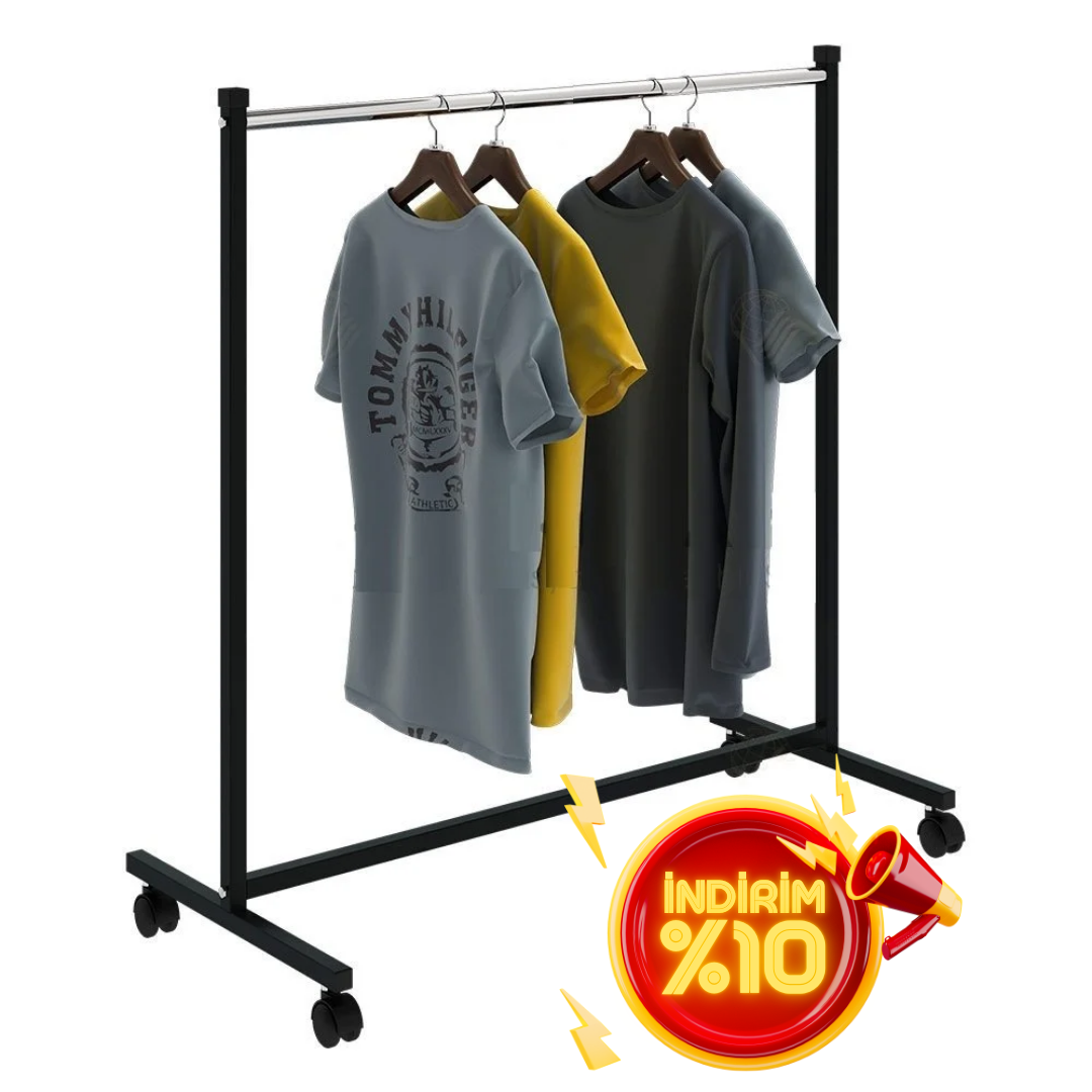 Ekonomik Tek Katlı Tekerlekli Askılık Elbise Askılığı Orta Stand