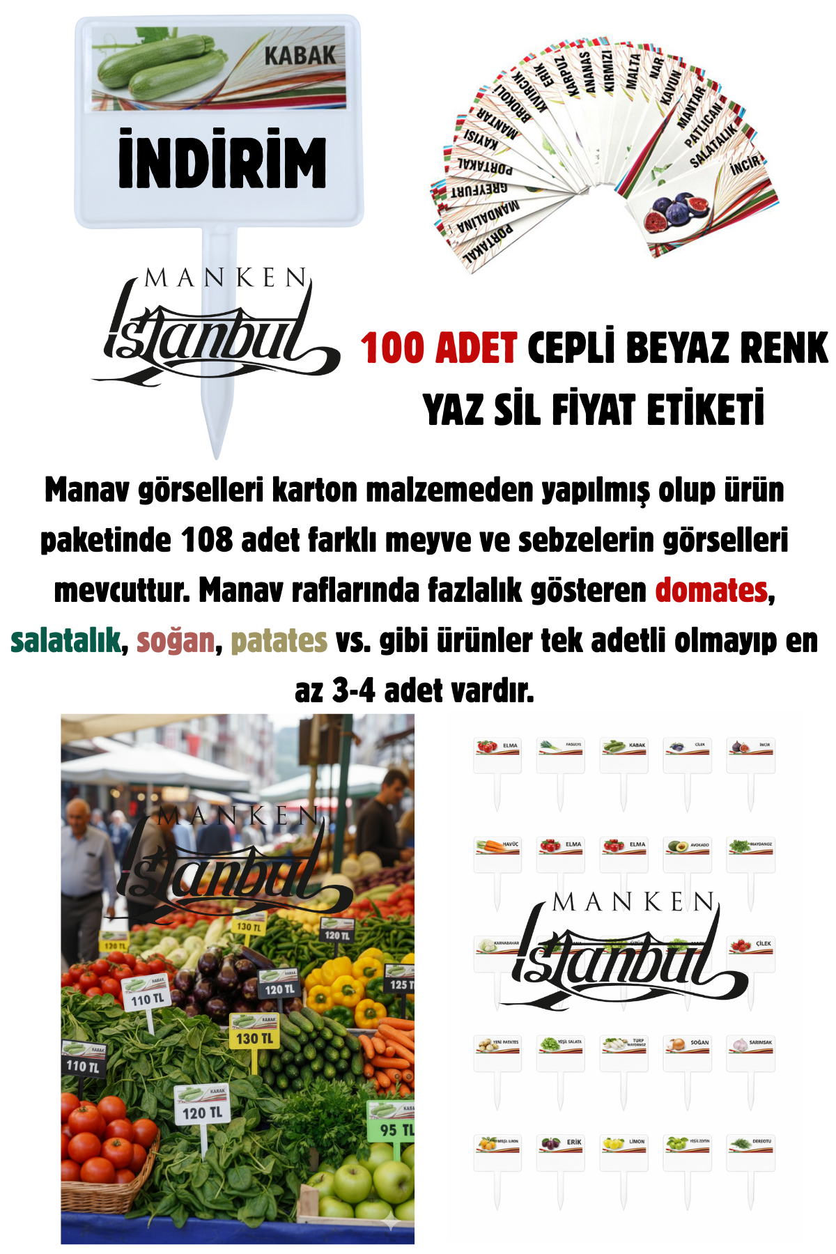 10 Adet Manav Etiketi Market Etiketi 108 Adet Karton Etiket BEYAZ - 100 adet