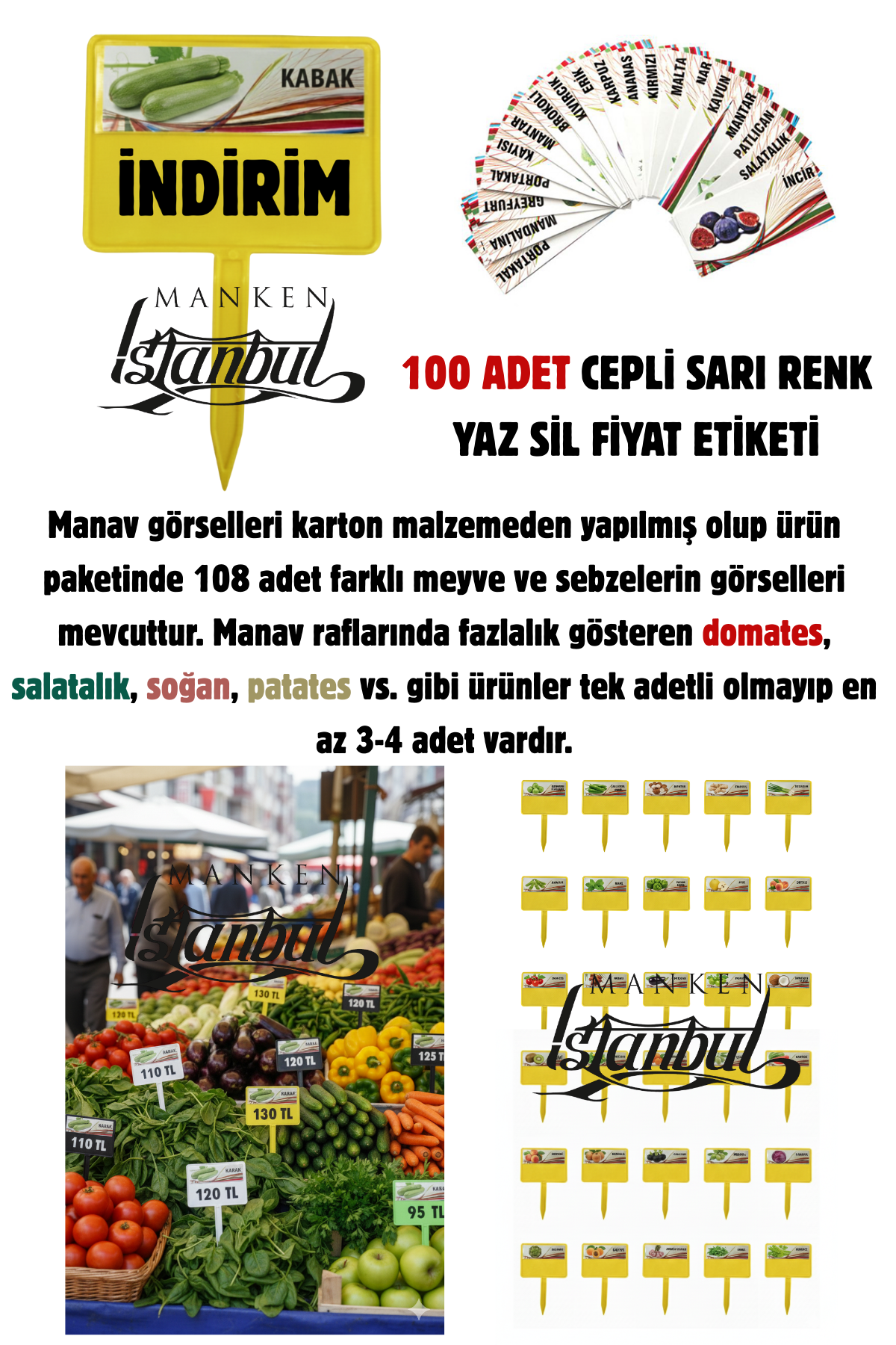 10 Adet Manav Etiketi Market Etiketi 108 Adet Karton Etiket SARI - 100 adet