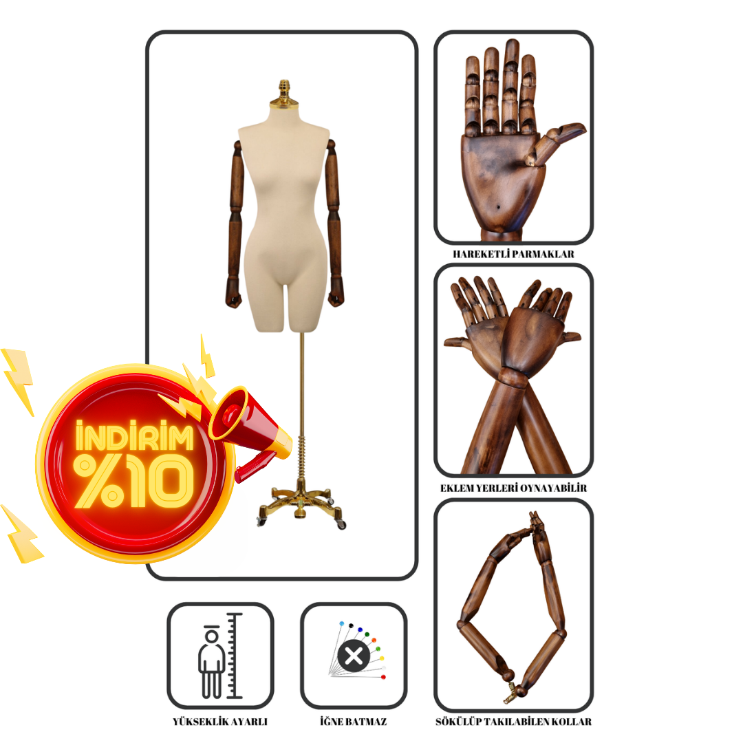 Gold Ayaklı Pantolon Giyebilen Ahşap Kollu Terzi Mankeni
