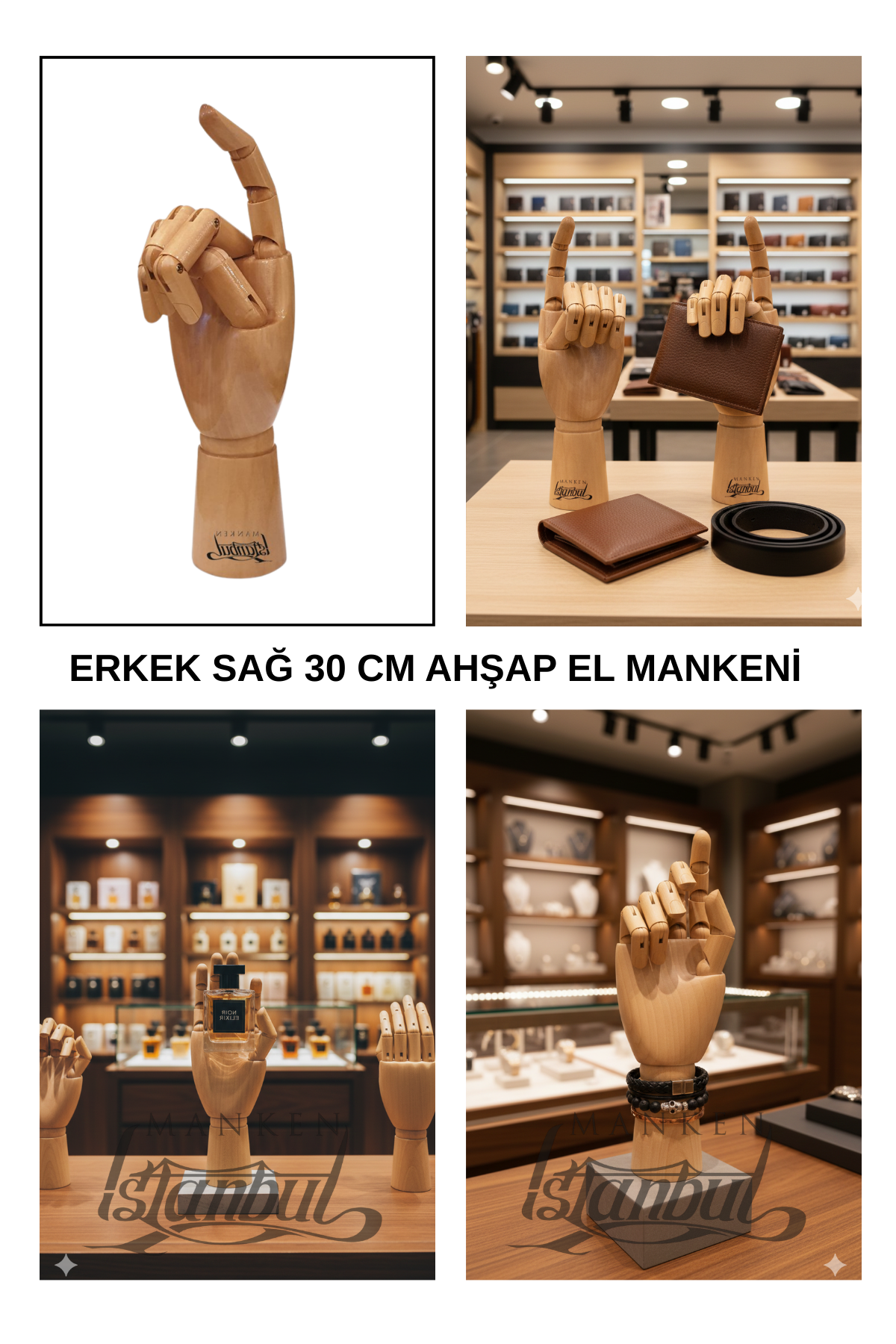 Ahşap Cilalı Sağ Erkek El 30 cm-Eskiz El Mankeni
