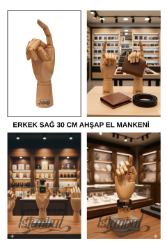 Ahşap Cilalı Sağ Erkek El 30 cm-Eskiz El Mankeni