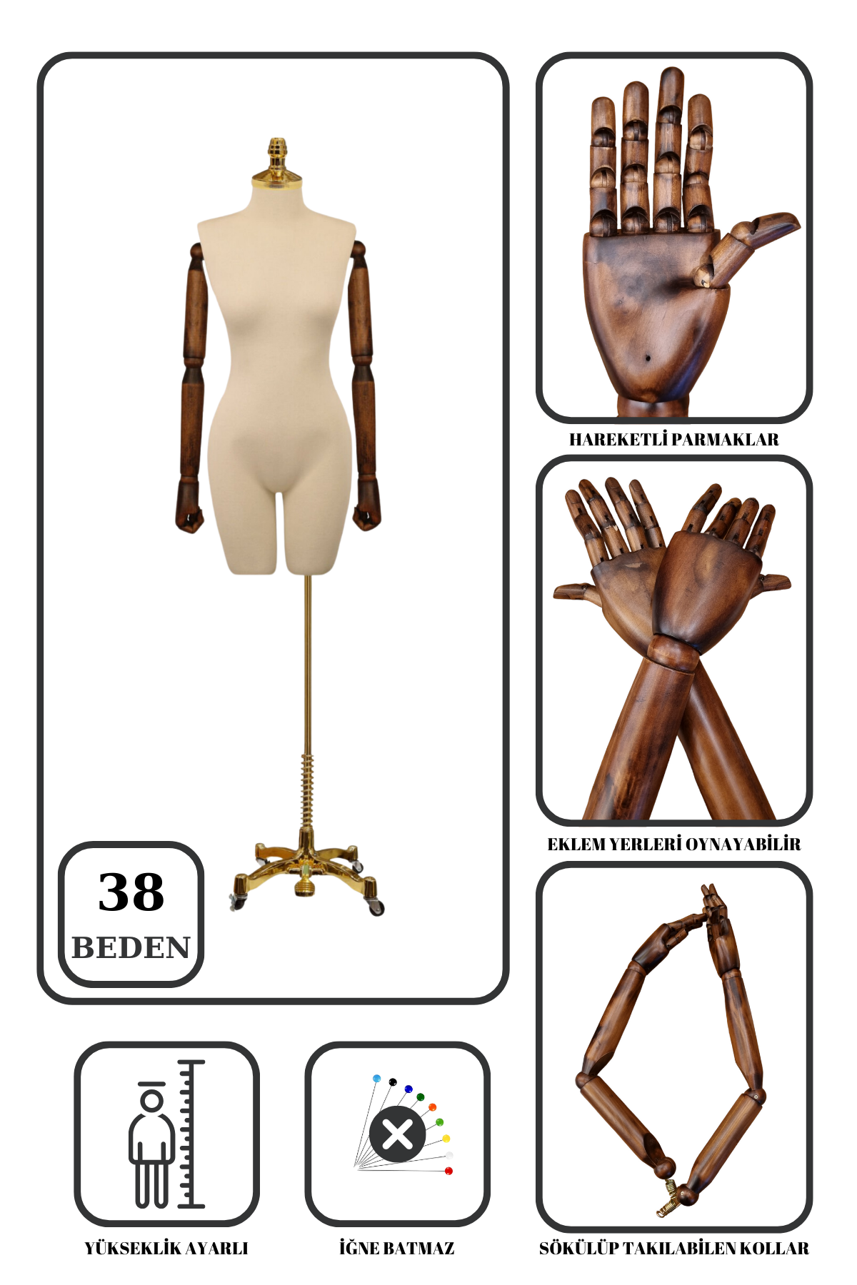 Gold Ayaklı Pantolon Giyebilen Ahşap Kollu Terzi Mankeni 38 beden