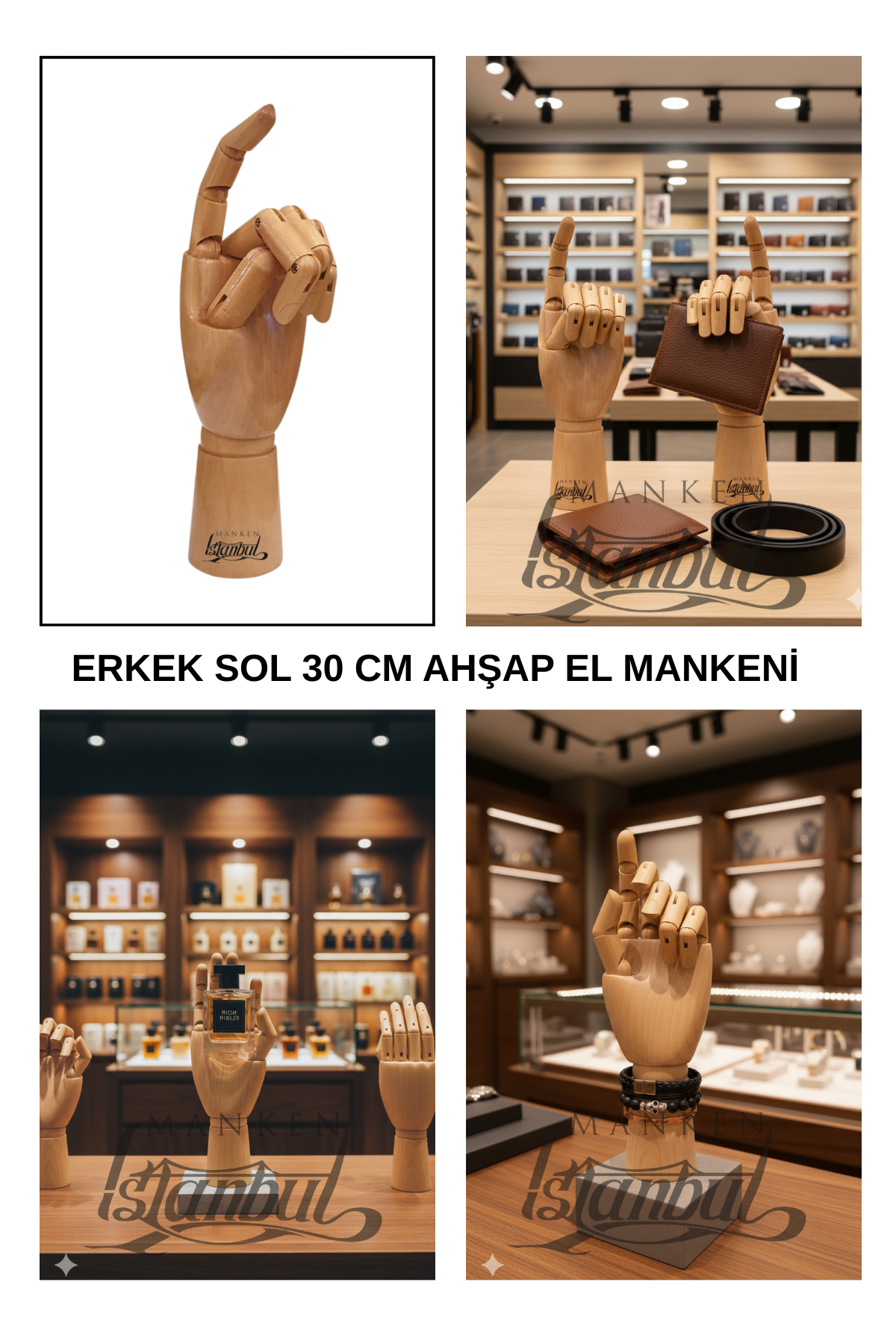 Ahşap Cilalı Sol Erkek El 30 cm-Eskiz El Mankeni