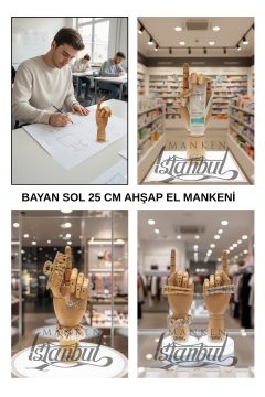 Ahşap Cilalı Sol Bayan El 25 cm-Eskiz El Mankeni
