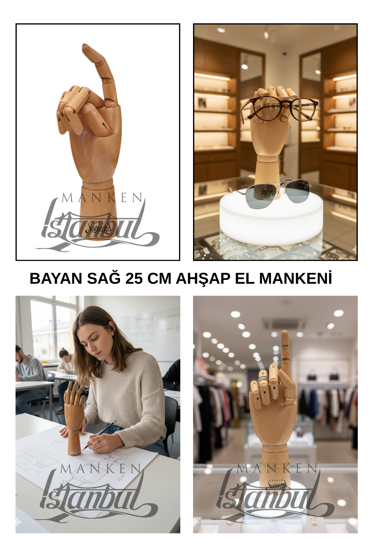 Ahşap Cilalı Sağ Bayan El 25 cm-Eskiz El Mankeni