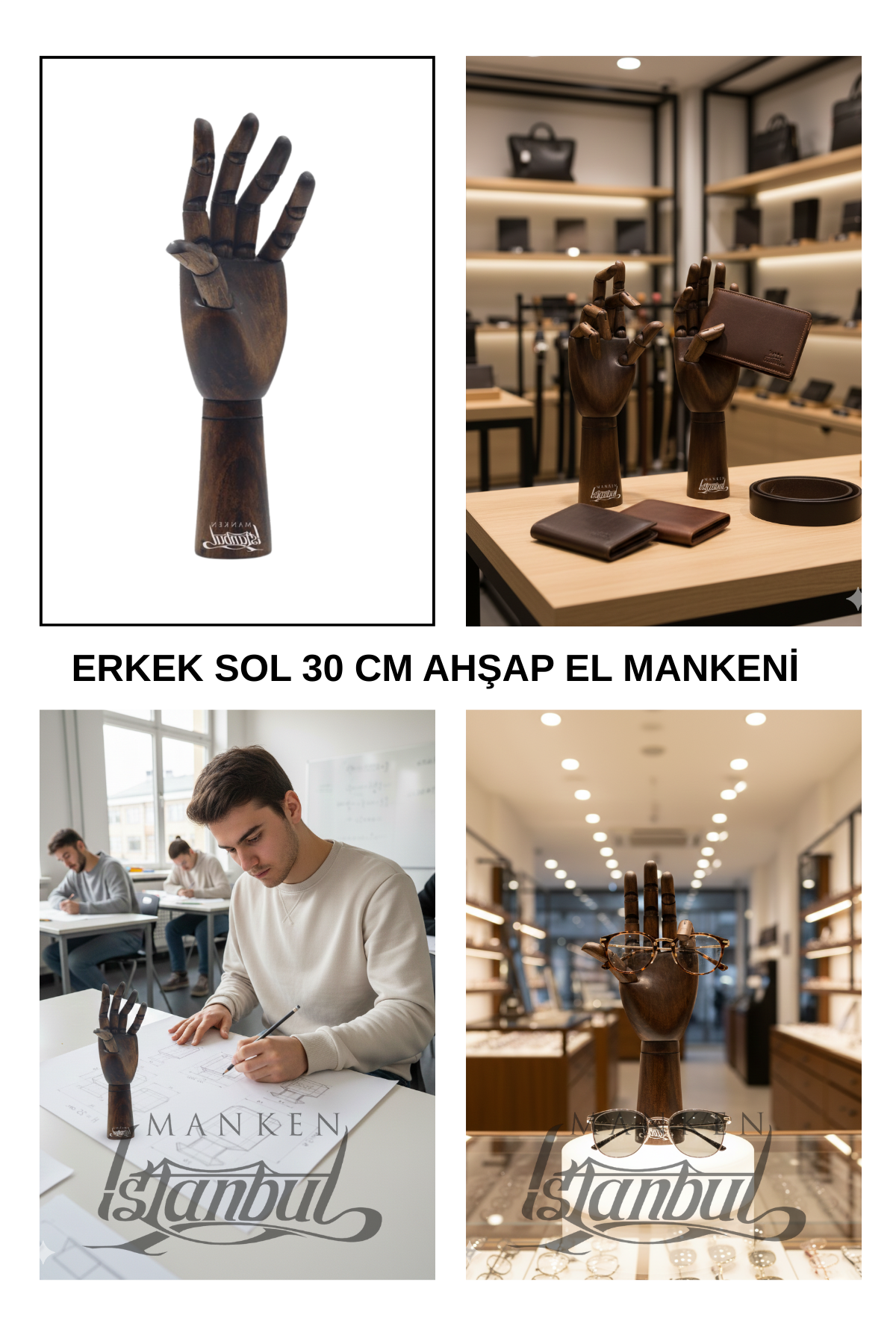 Ahşap Ceviz Sol Erkek El 30 cm-Eskiz El Mankeni