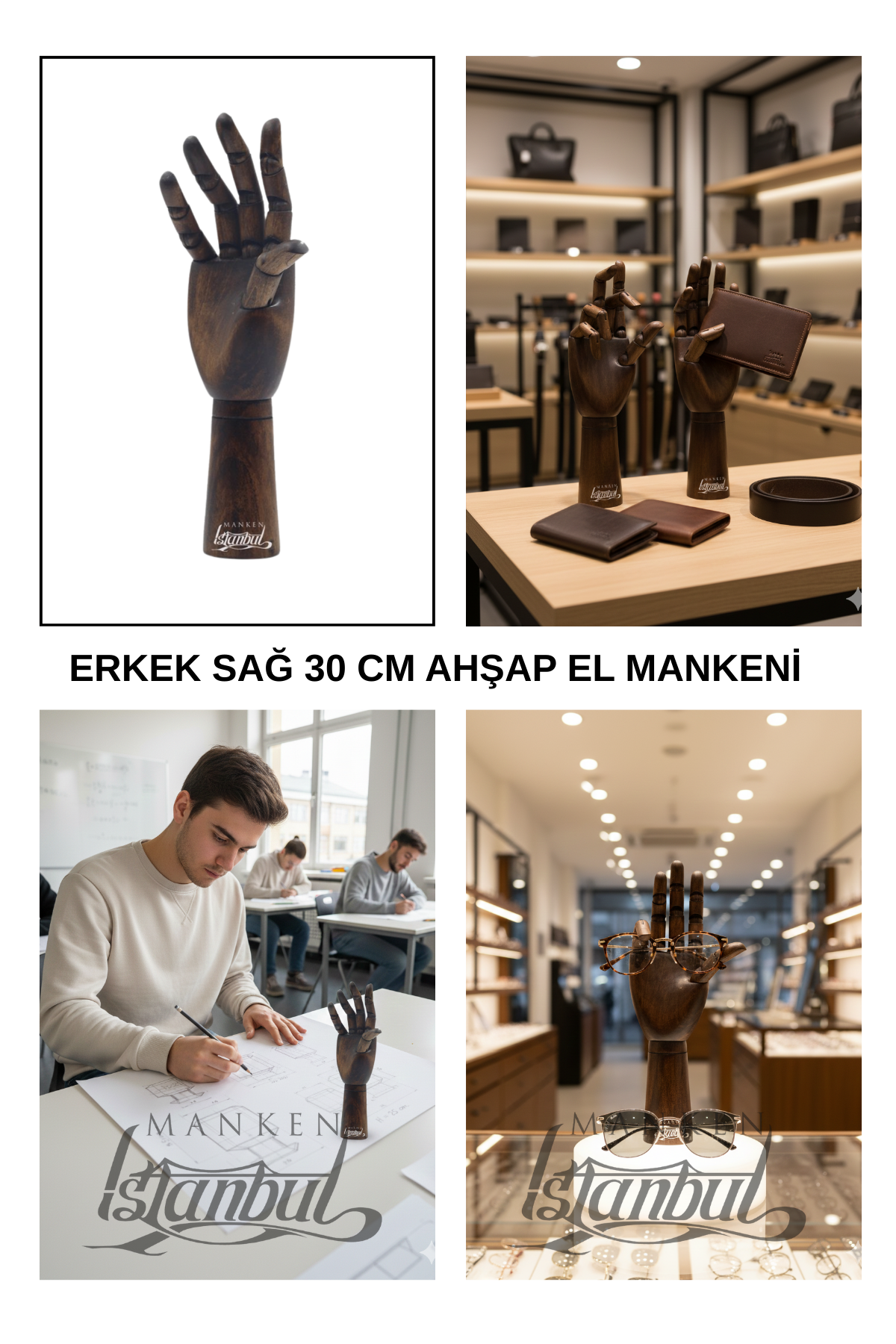 Ahşap Ceviz Sağ Erkek El 30 cm-Eskiz El Mankeni