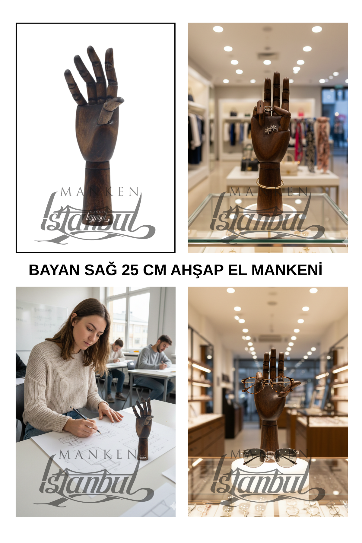 Ahşap Ceviz Sağ Bayan El  25 cm-Eskiz El Mankeni