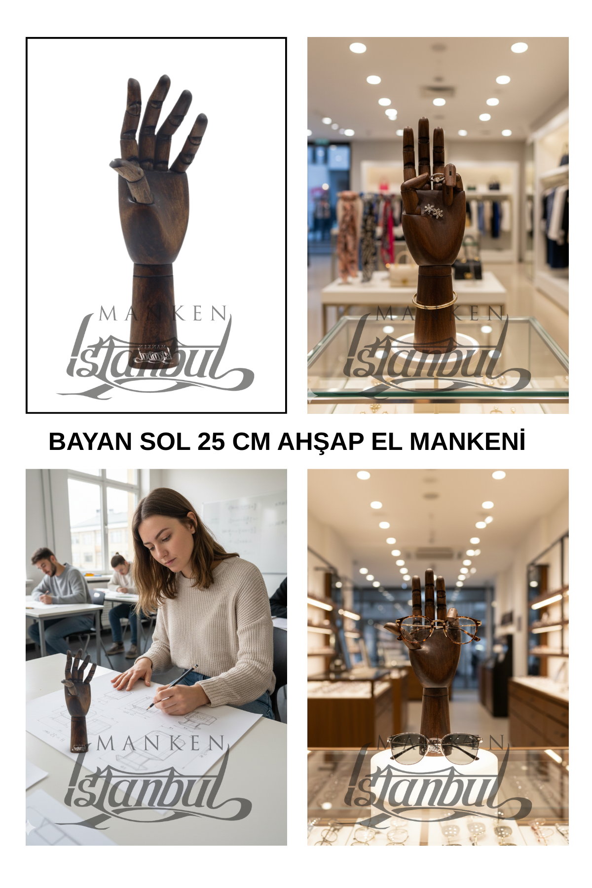 Ahşap Ceviz Sol Bayan El  25 cm-Eskiz El Mankeni