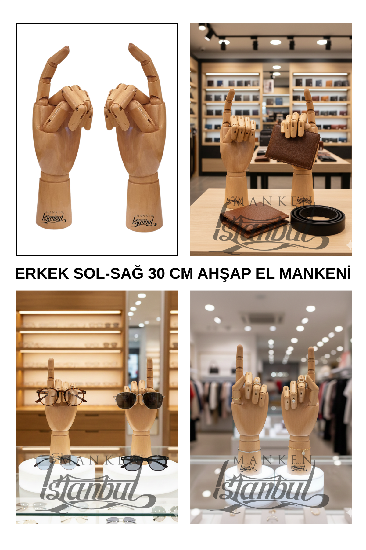 Ahşap Cilalı Sol ve Sağ Erkek El  30 cm-Eskiz El Mankeni