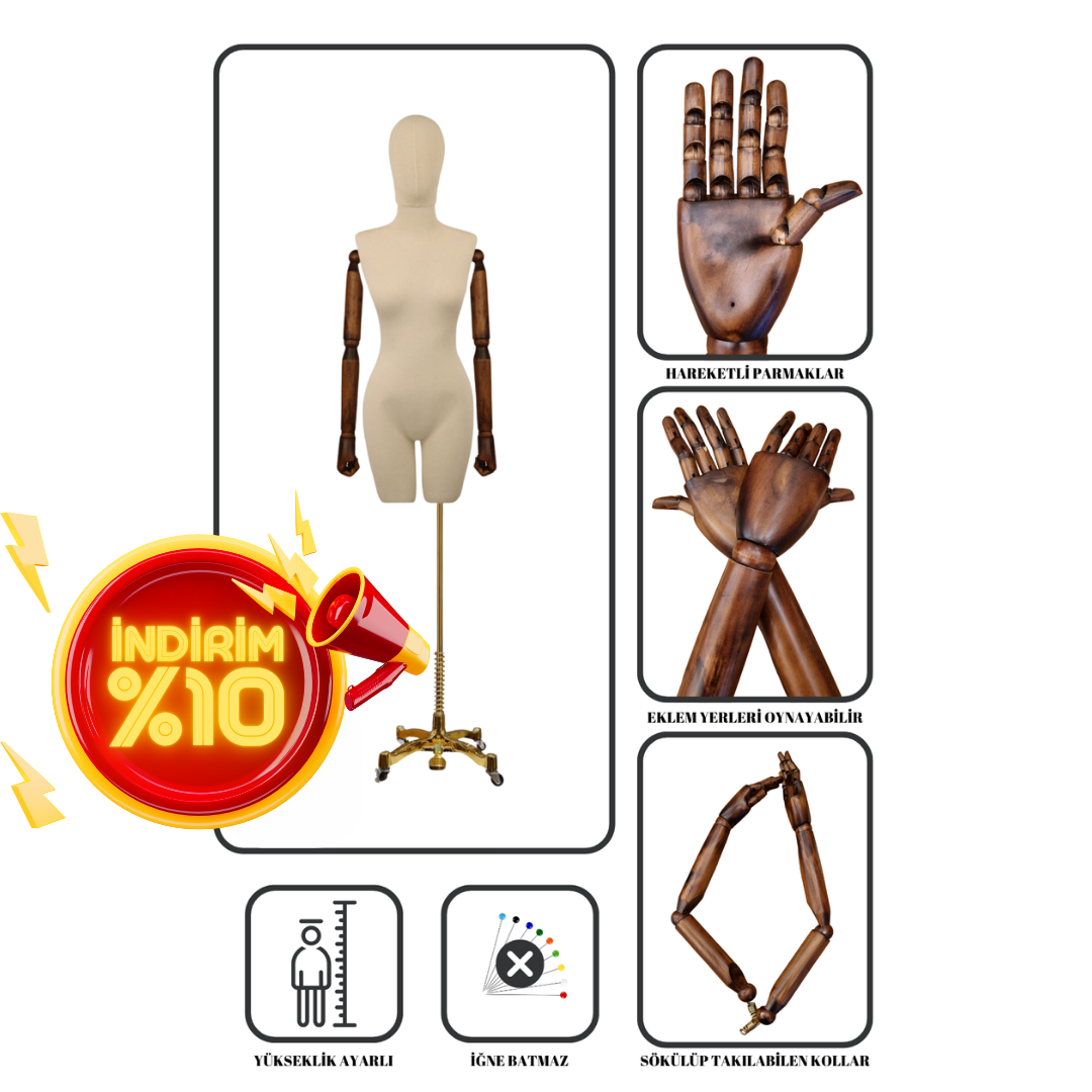 Lüks Gold Ayaklı Pantolon Giyebilen Kollu Terzi Mankeni