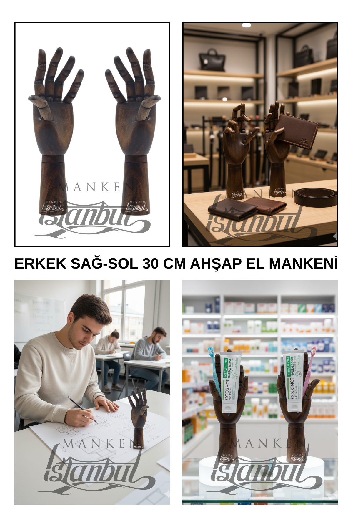 Ahşap Ceviz Sol ve Sağ Erkek El  30 cm-Eskiz El Mankeni