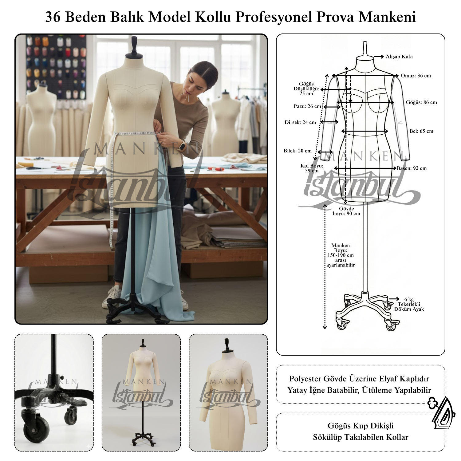 Tekerlekli Ayak Bayan profesyonel kollu terzi mankeni, prova mankeni