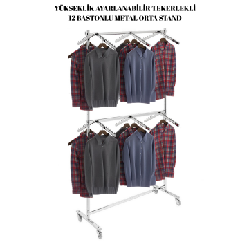 12 Adet Askılı Tekerlekli Yüksek Kalite Metal Orta Stand