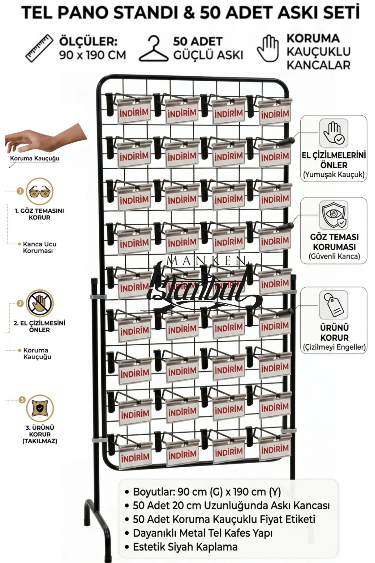 90 x 190 Cm Tel Pano Standı - 50 Adet Etiketli Askı Çubuklu Etiketli Tel Pano Kancalı Ürün Standı