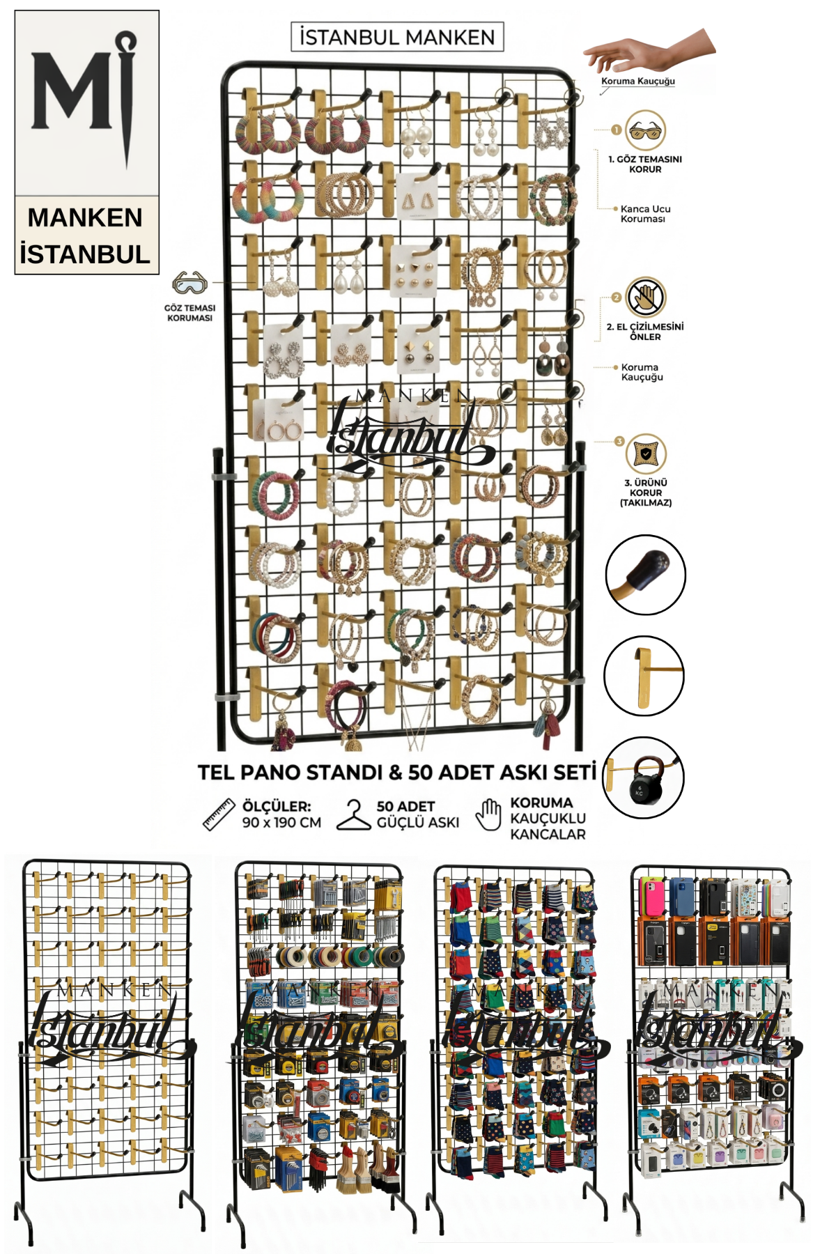 90 x 190 Cm Tel Pano Standı - 50 Adet Gold Askı Çubuklu Kauçuklu Tel Pano Kancalı Ürün Standı