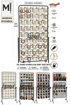 90 x 190 Cm Tel Pano Standı - 50 Adet Gold Askı Çubuklu Kauçuklu Tel Pano Kancalı Ürün Standı