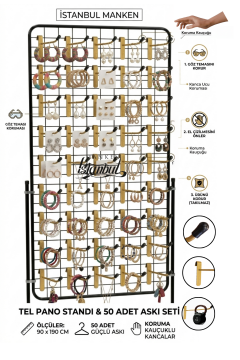 90 x 190 Cm Tel Pano Standı - 50 Adet Gold Askı Çubuklu Kauçuklu Tel Pano Kancalı Ürün Standı
