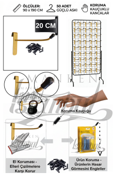 90 x 190 Cm Tel Pano Standı - 50 Adet Gold Askı Çubuklu Kauçuklu Tel Pano Kancalı Ürün Standı