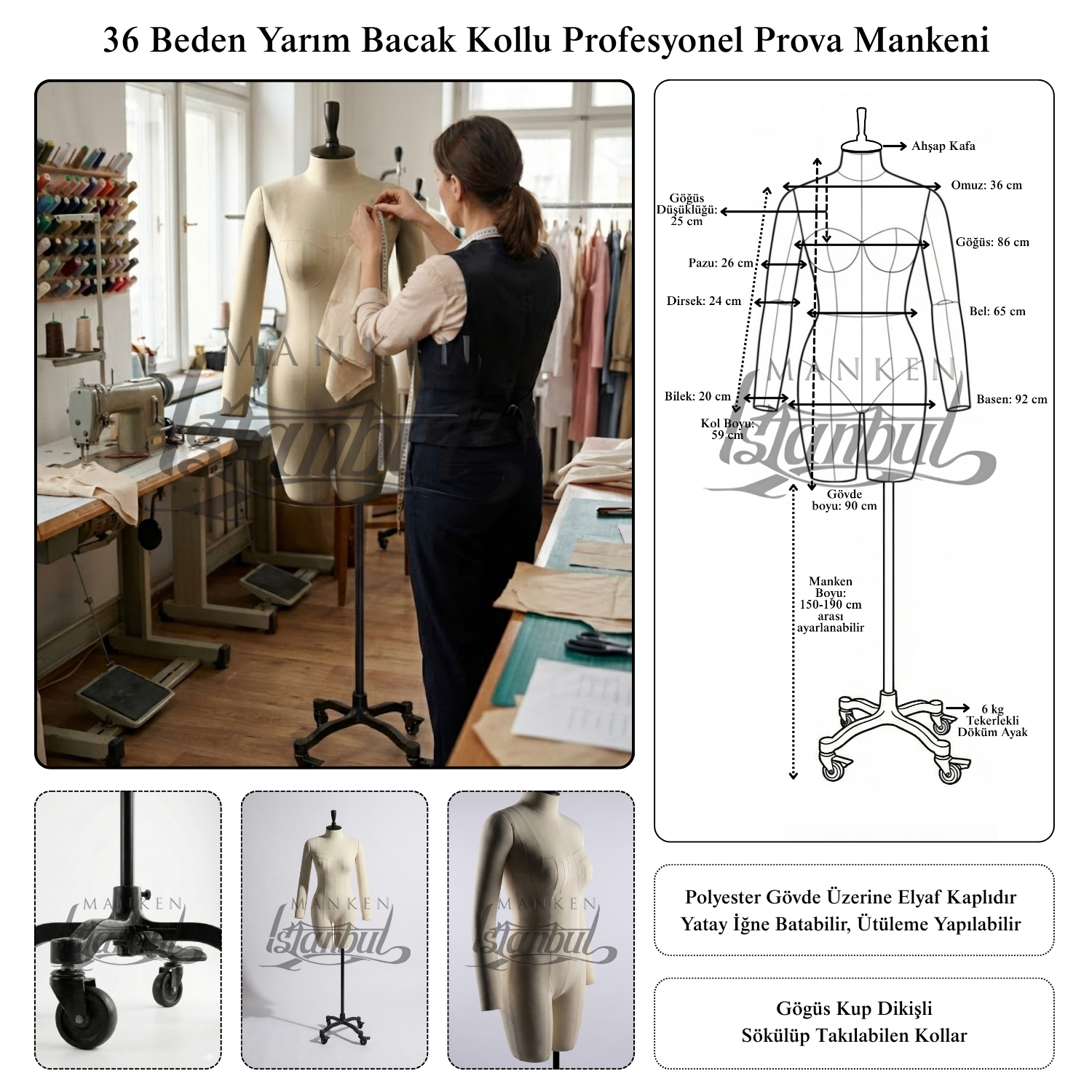 Tekerlekli döküm ayaklı Bayan profesyonel kollu prova mankeni