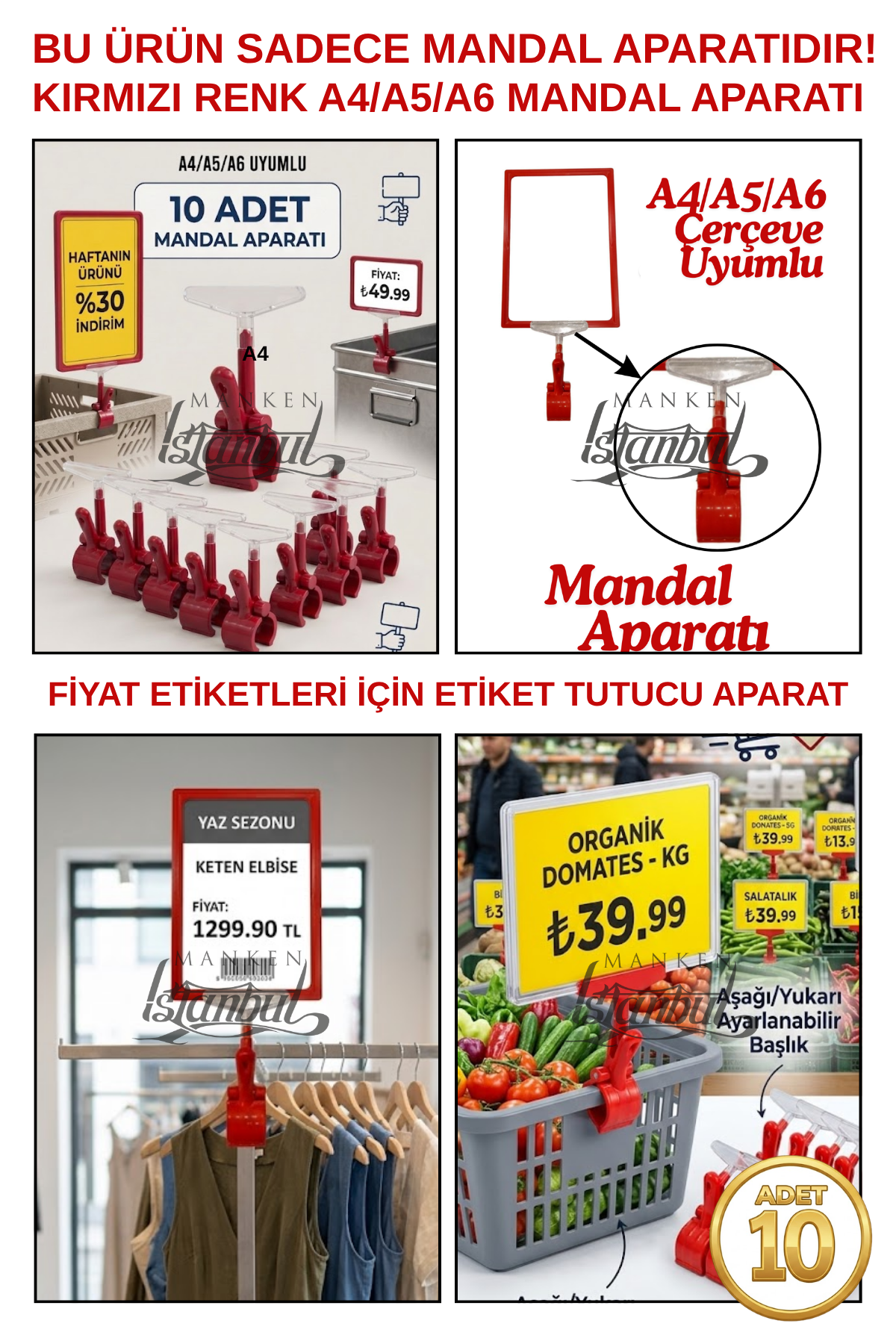 10 Adet Fiyat Etiketi Mandal Aparatı (ÇERÇEVESİZ) KIRMIZI