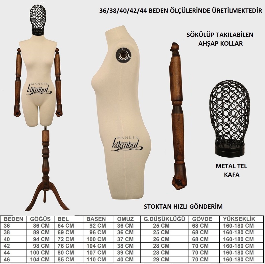 Ahşap Kollu Pantolon Giyebilen Tel Kafa Terzi Mankeni Vitrin Mankeni