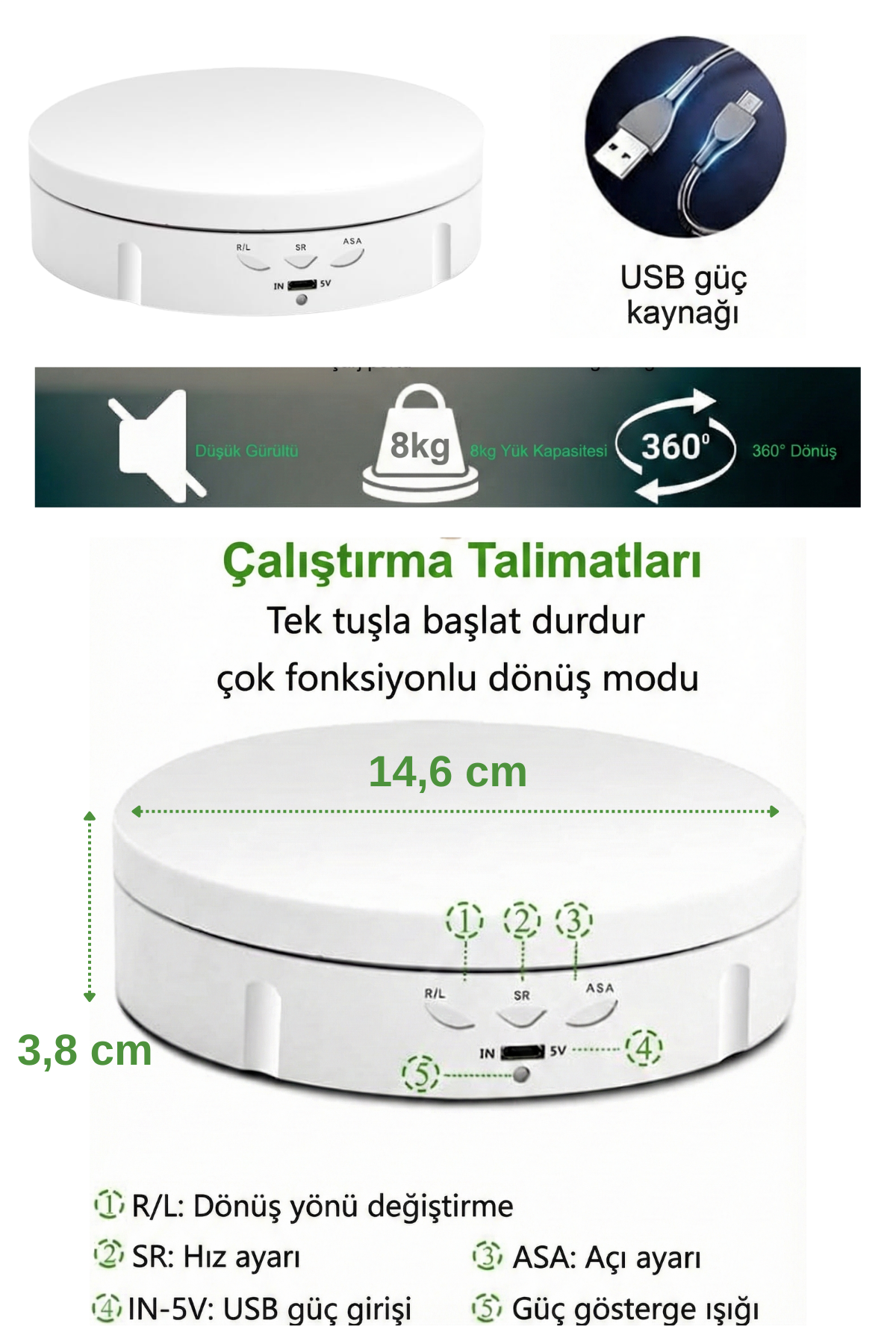 14.6 Çap  8 Kg Taşıma Kapasitesi Hız Ayarlı Döner Platform