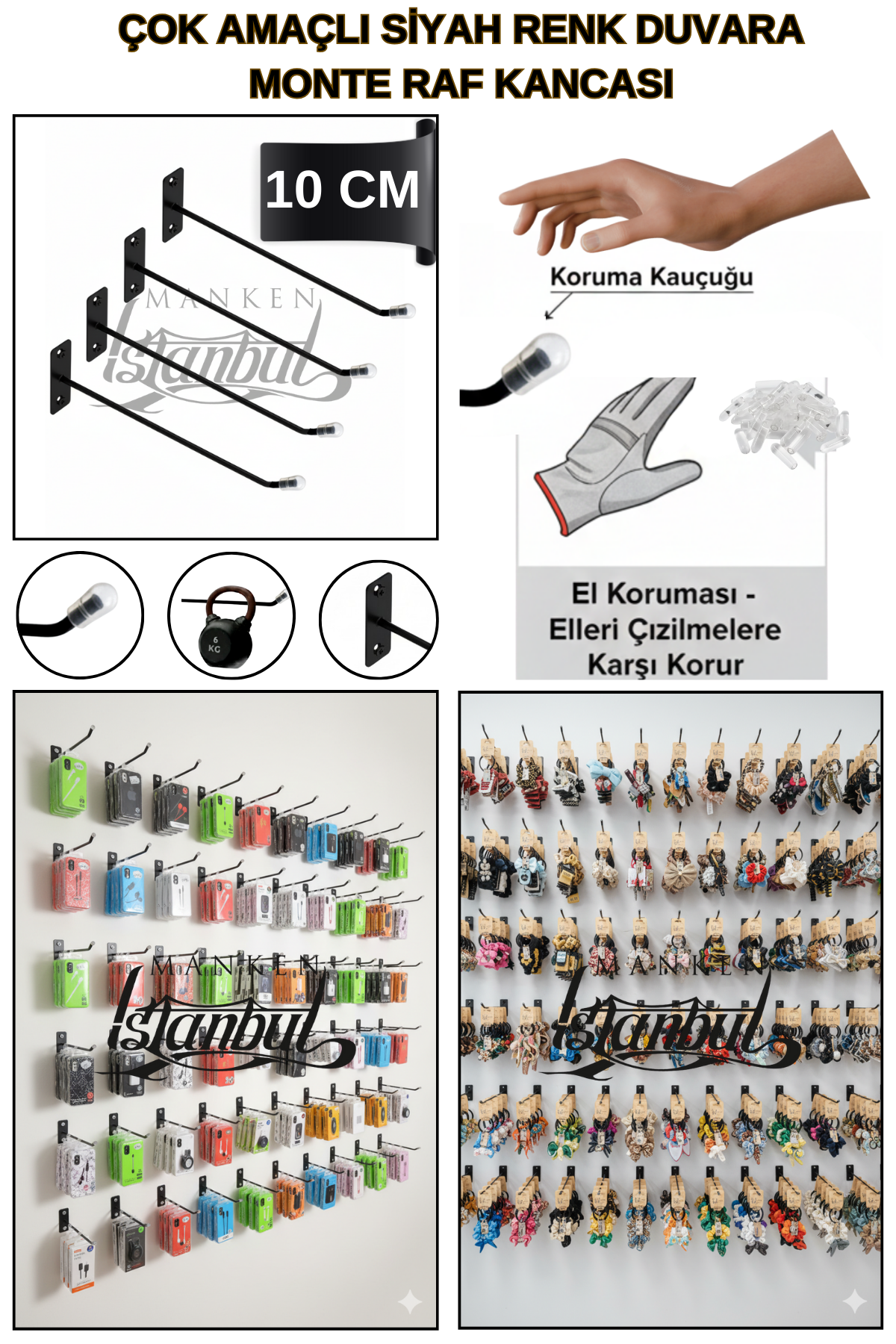 Duvara Monte Siyah Metal Kanca-5 mm Kalınlık Dayanıklı Yapı
