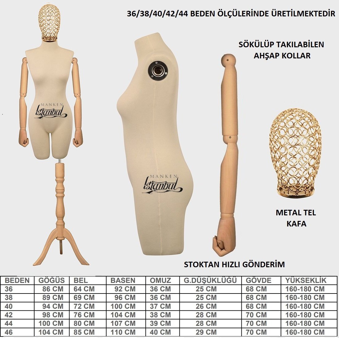 Ahşap Kollu Pantolon Giyebilen Tel Kafa Terzi Mankeni Vitrin Mankeni
