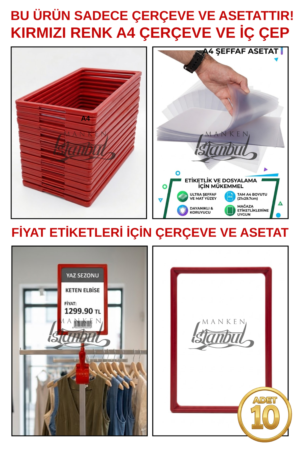 10 Adet A4 Fiyat Etiketi Çerçeve ve Asetat (MANDALSIZ) KIRMIZI