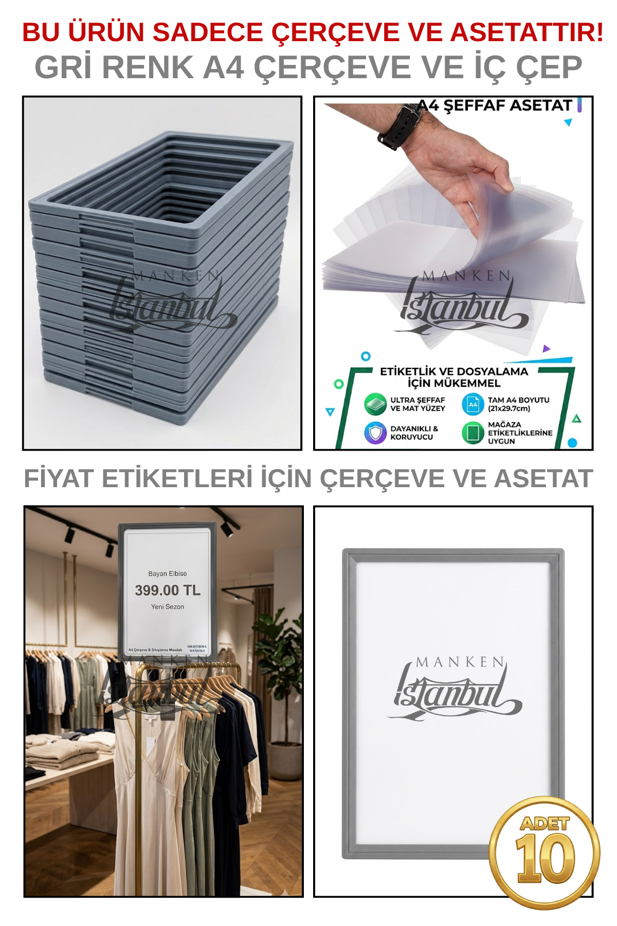 10 Adet A4 Fiyat Etiketi Çerçeve ve Asetat (MANDALSIZ) GRİ