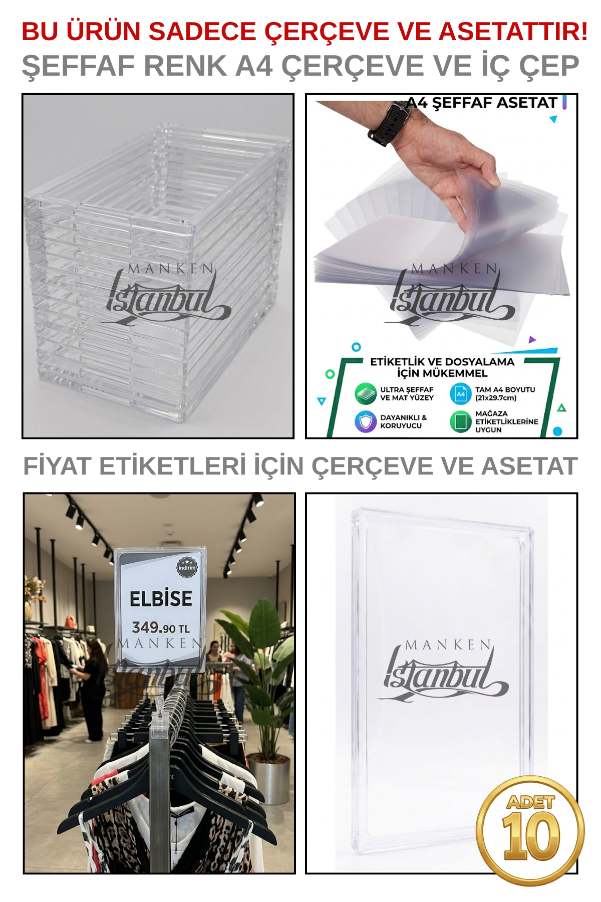 10 Adet A4 Fiyat Etiketi Çerçeve ve Asetat (MANDALSIZ) ŞEFFAF