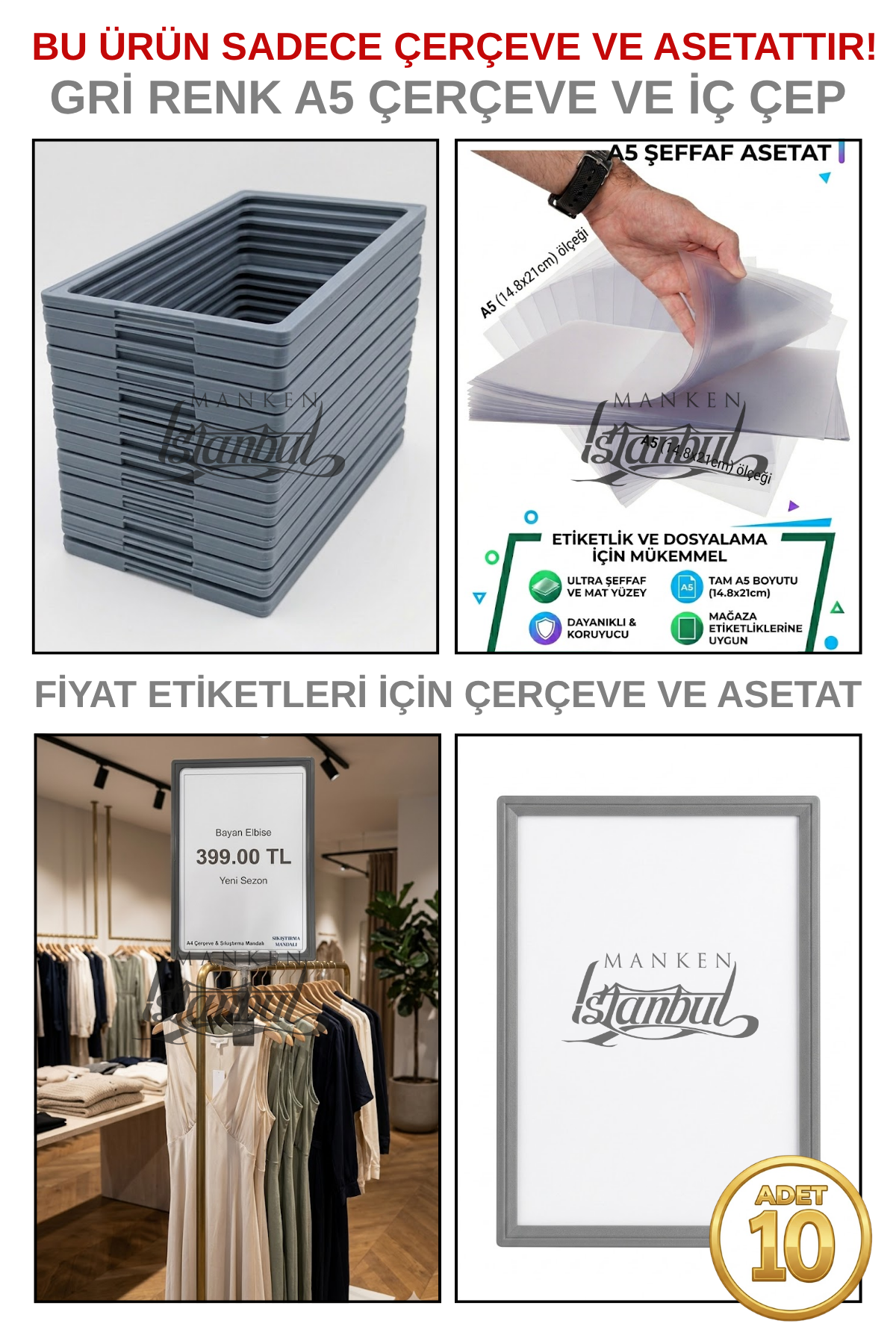 10 Adet A5 Fiyat Etiketi Çerçeve ve Asetat (MANDALSIZ) GRİ